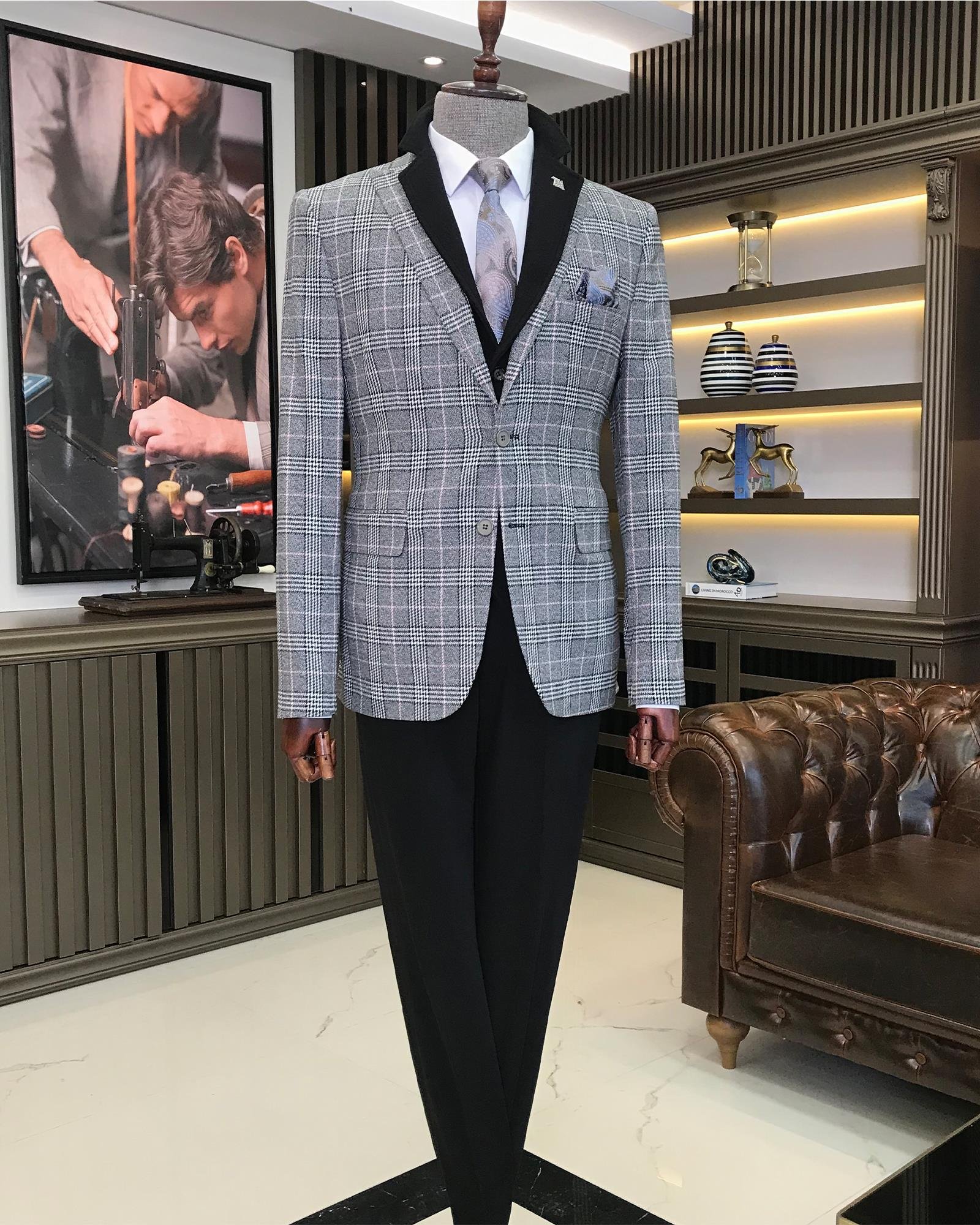 İtalyan stil slim fit ekose erkek tek ceket siyah T9059