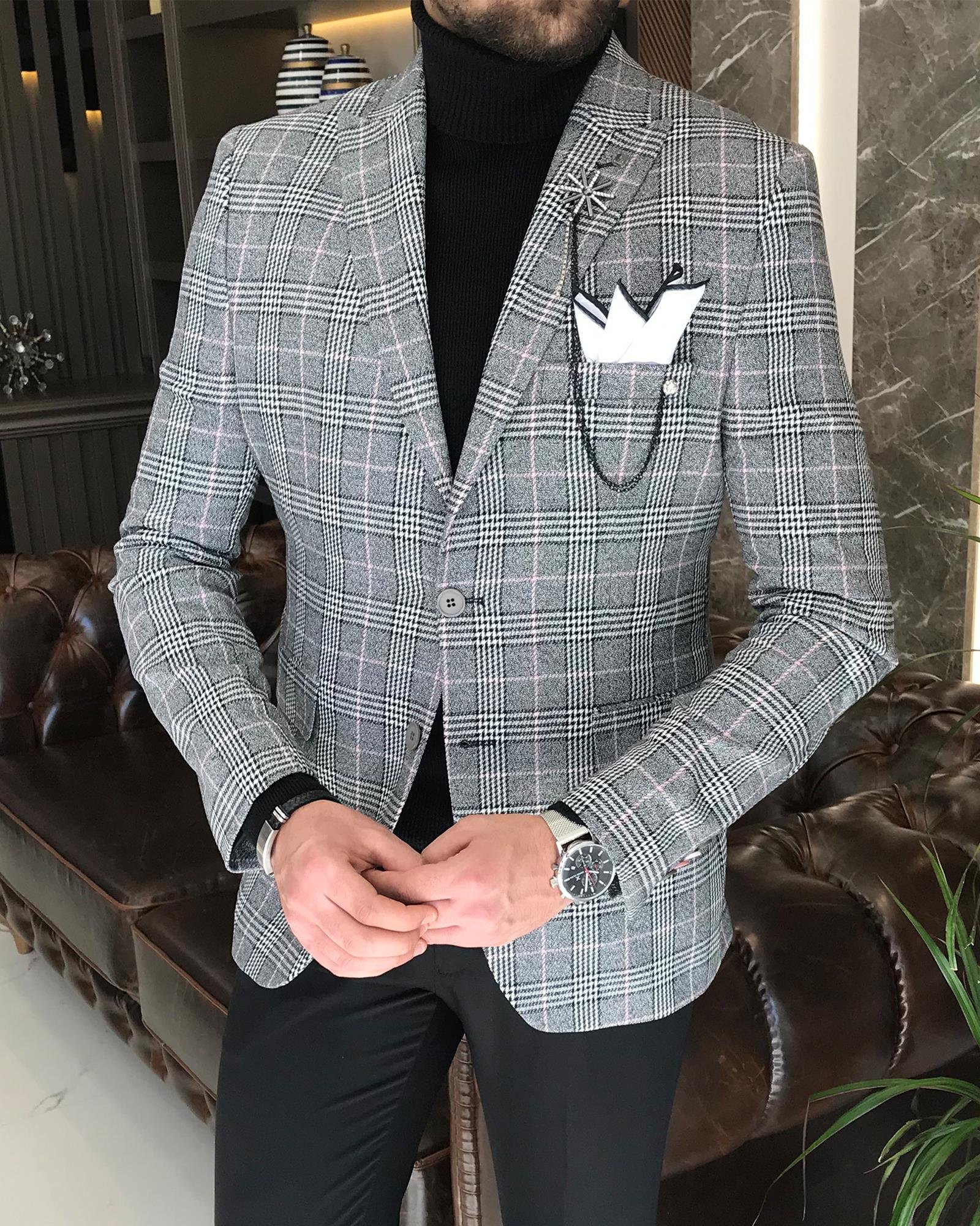 İtalyan stil slim fit ekose erkek tek ceket siyah T9059