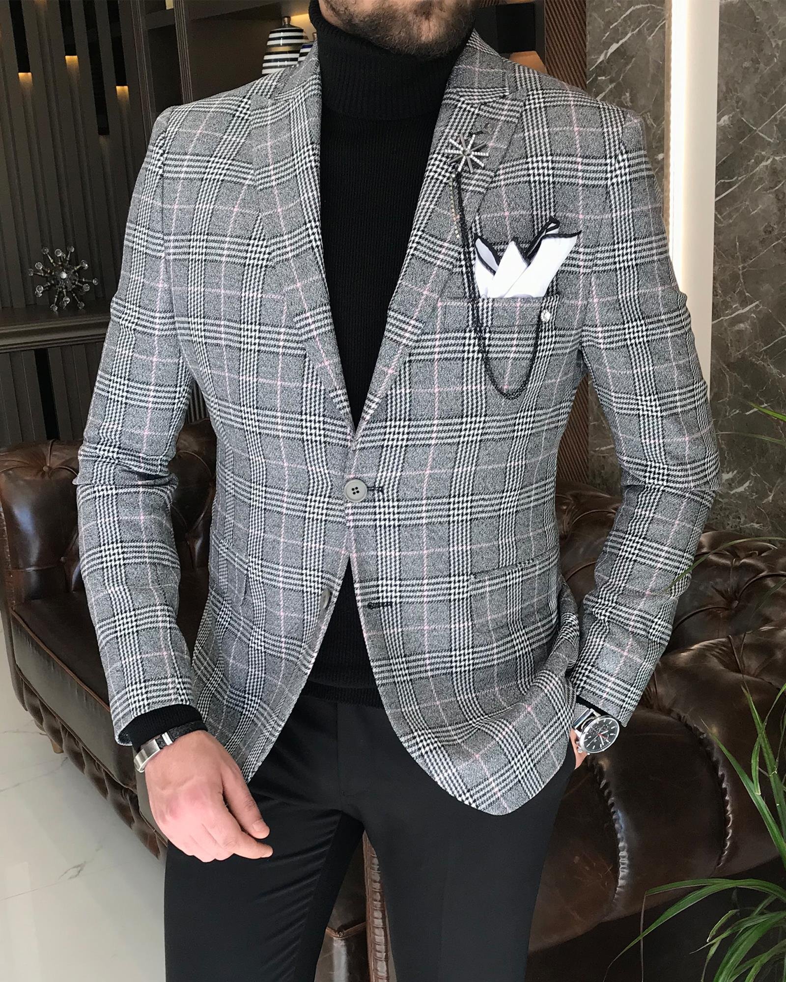 İtalyan stil slim fit ekose erkek tek ceket siyah T9059