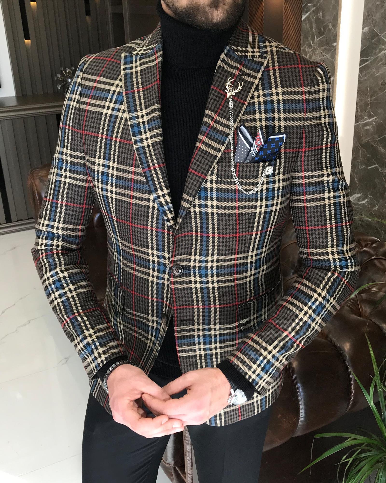 İtalyan stil slim fit ekose erkek tek ceket kahverengi T9058
