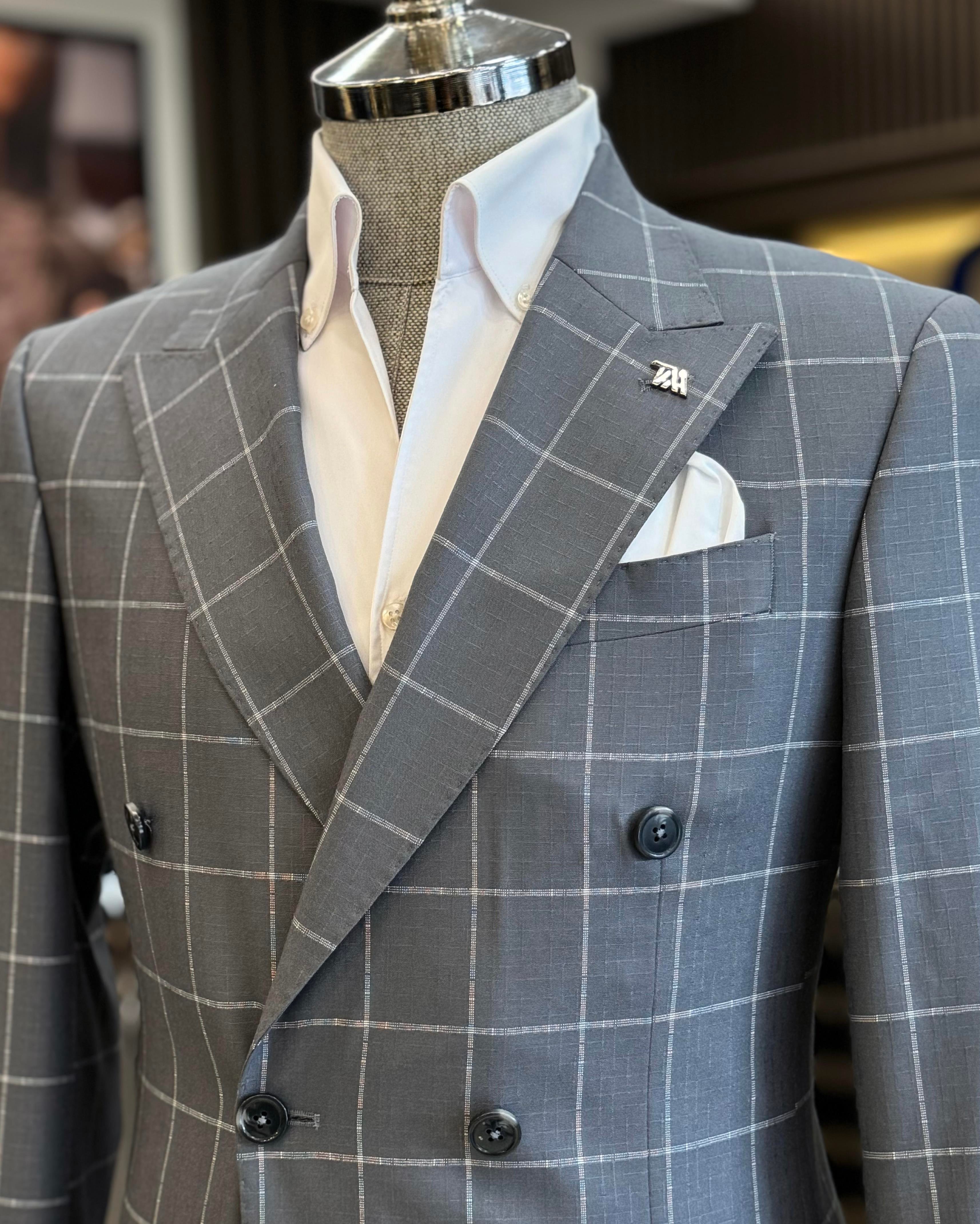 İtalyan stil slim fit ekose kravuze erkek tek ceket gri T12893