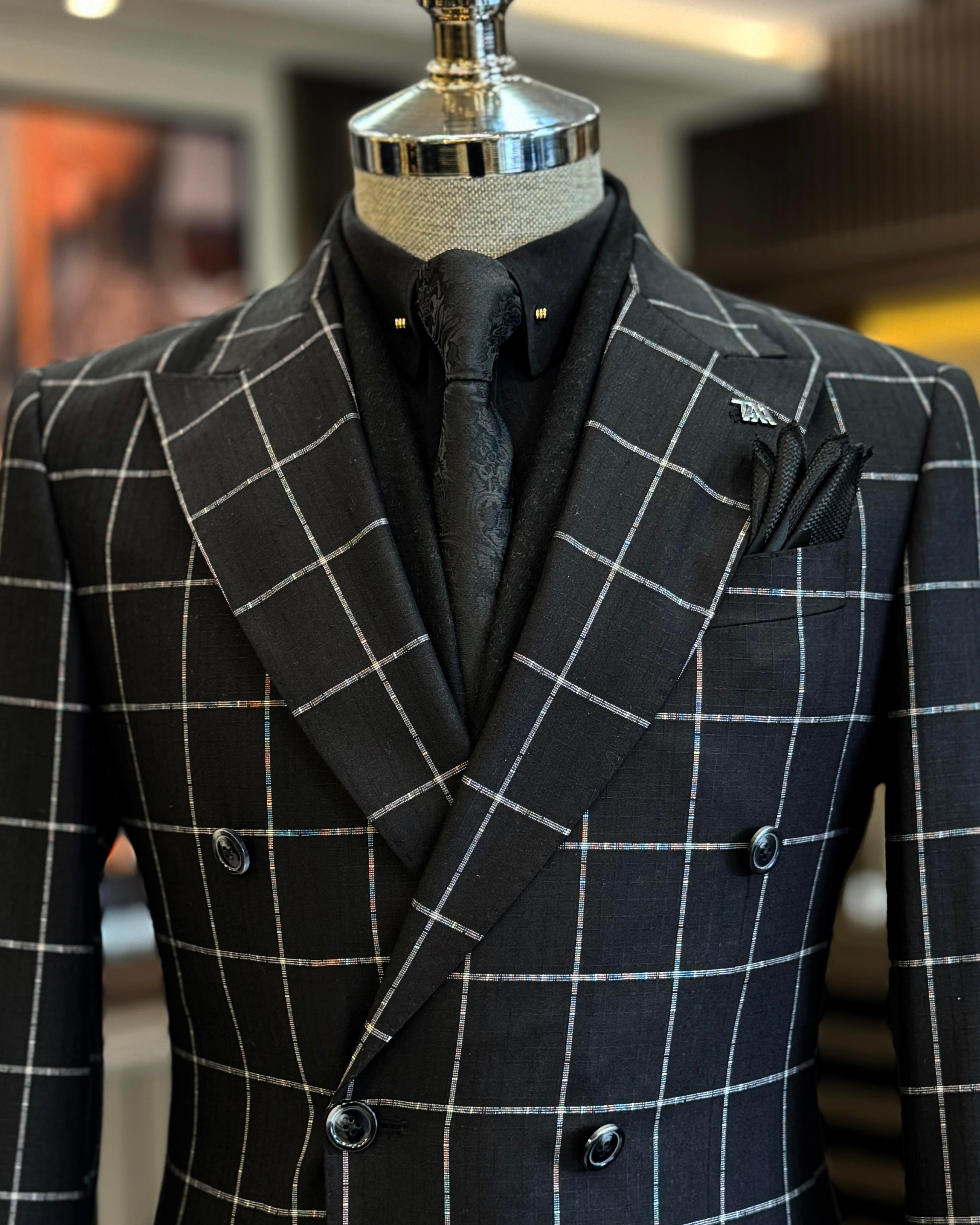 İtalyan stil slim fit ekose kravuze erkek tek ceket siyah T12895