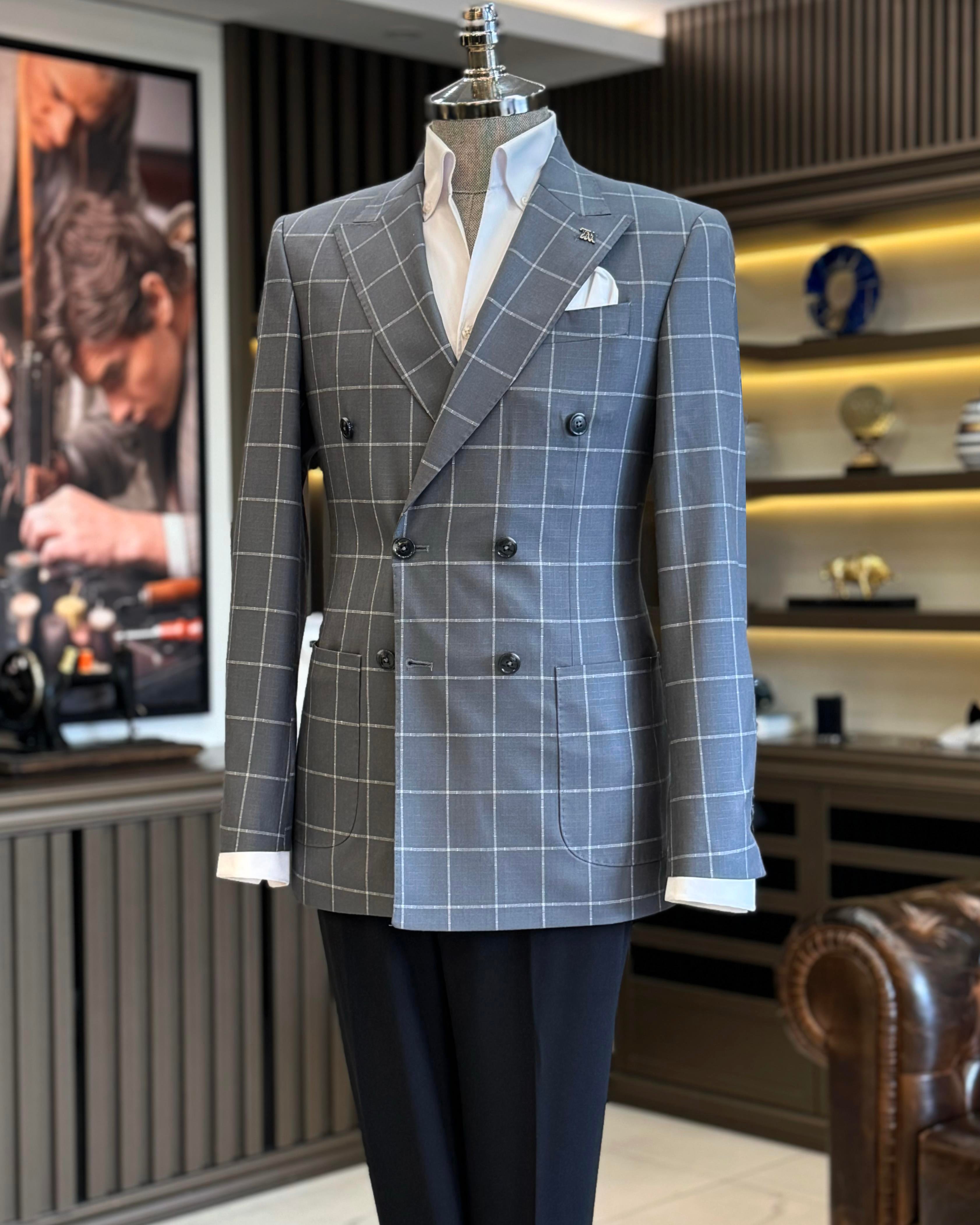 İtalyan stil slim fit ekose kravuze erkek tek ceket gri T12893