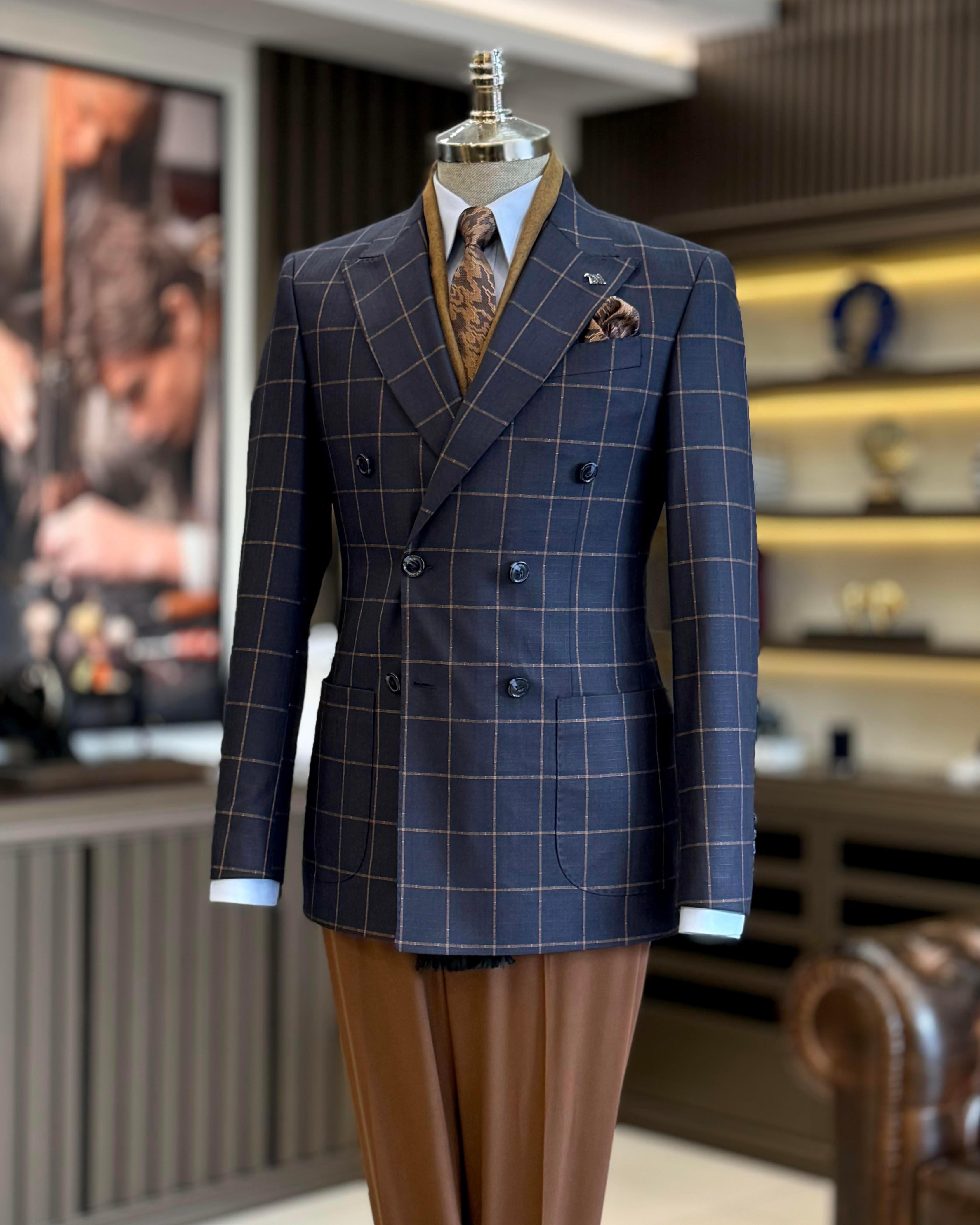 İtalyan stil slim fit ekose kravuze erkek tek ceket laciverti T12894