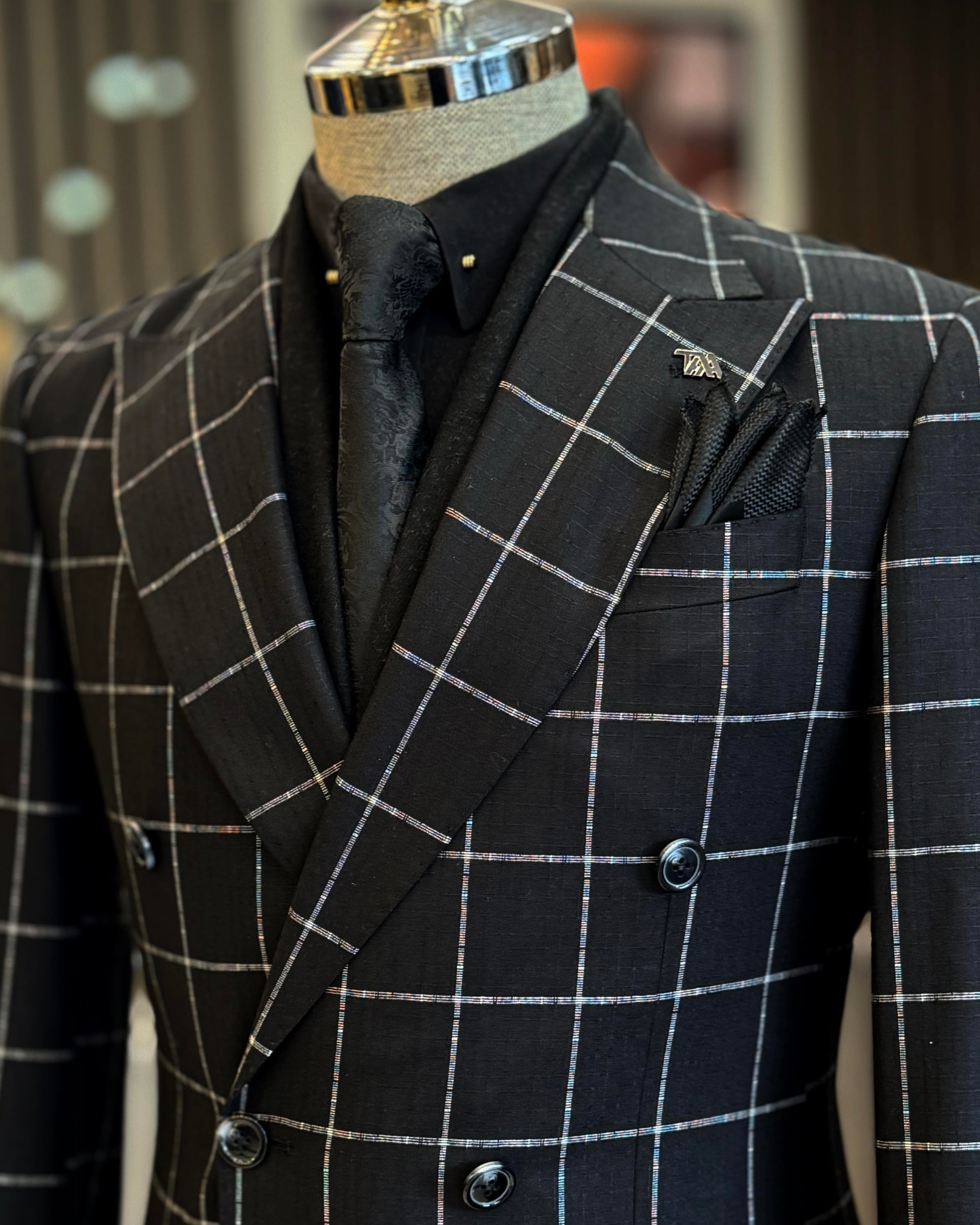İtalyan stil slim fit ekose kravuze erkek tek ceket siyah T12895