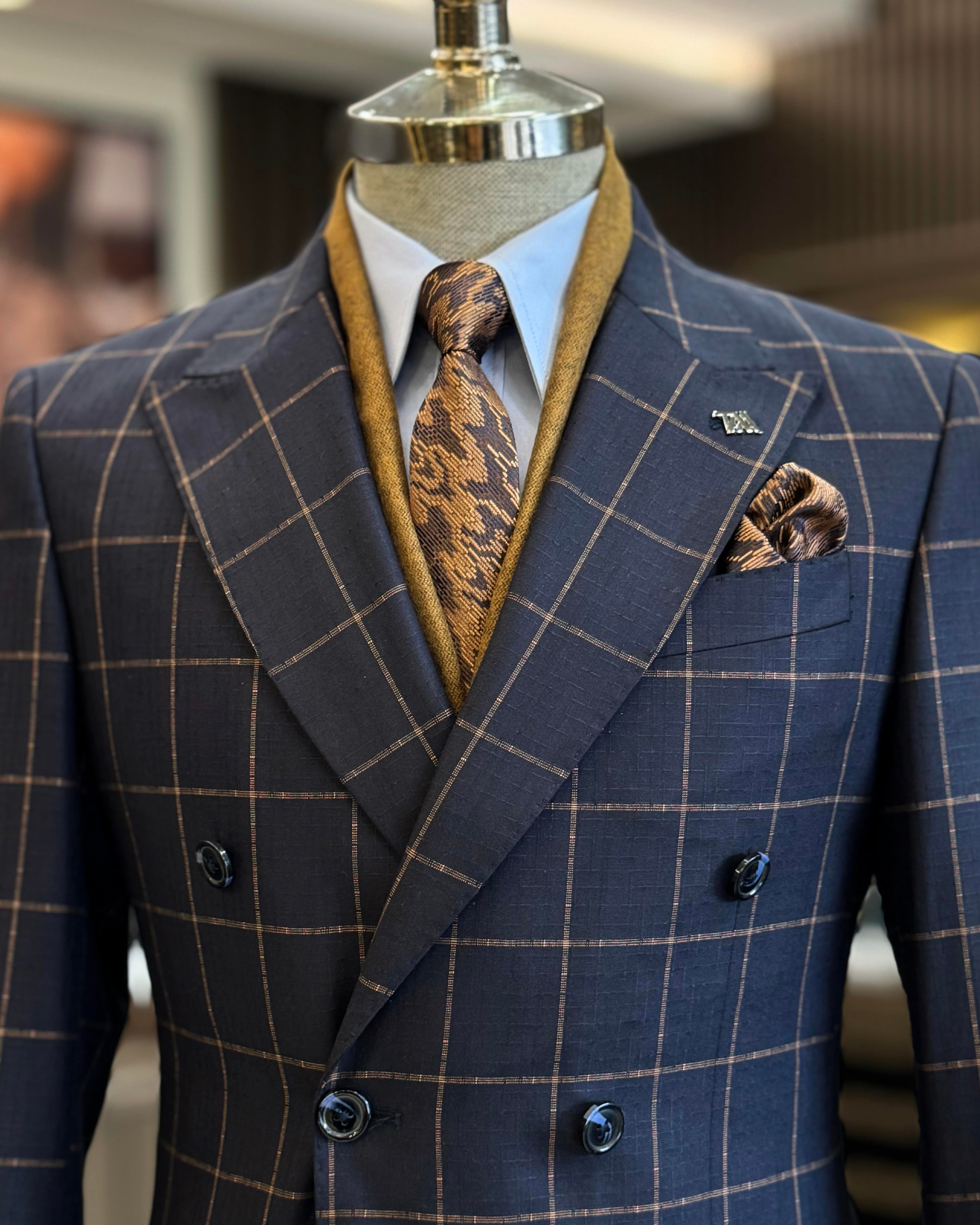 İtalyan stil slim fit ekose kravuze erkek tek ceket laciverti T12894