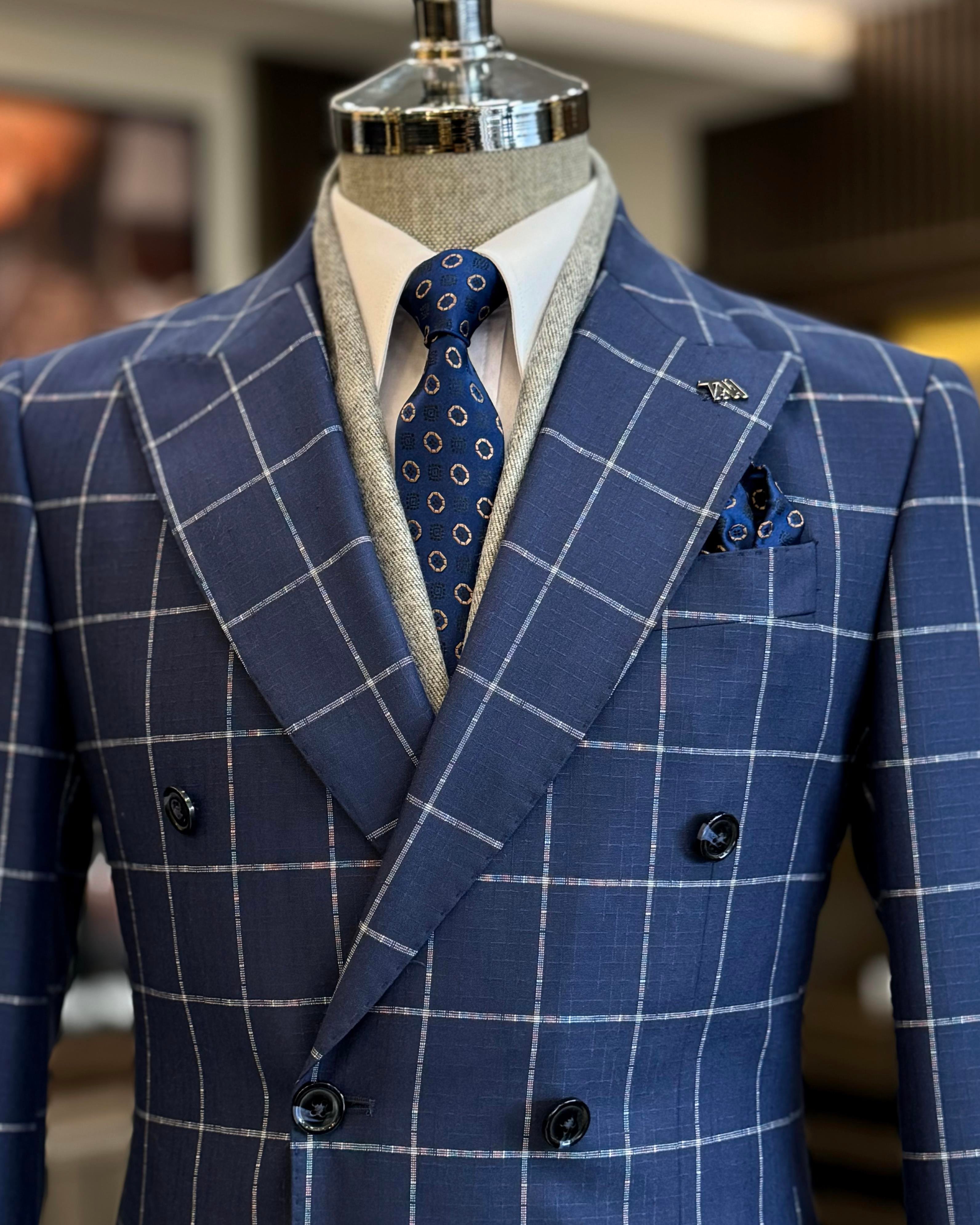 İtalyan stil slim fit ekose kravuze erkek tek ceket lacivert T12892