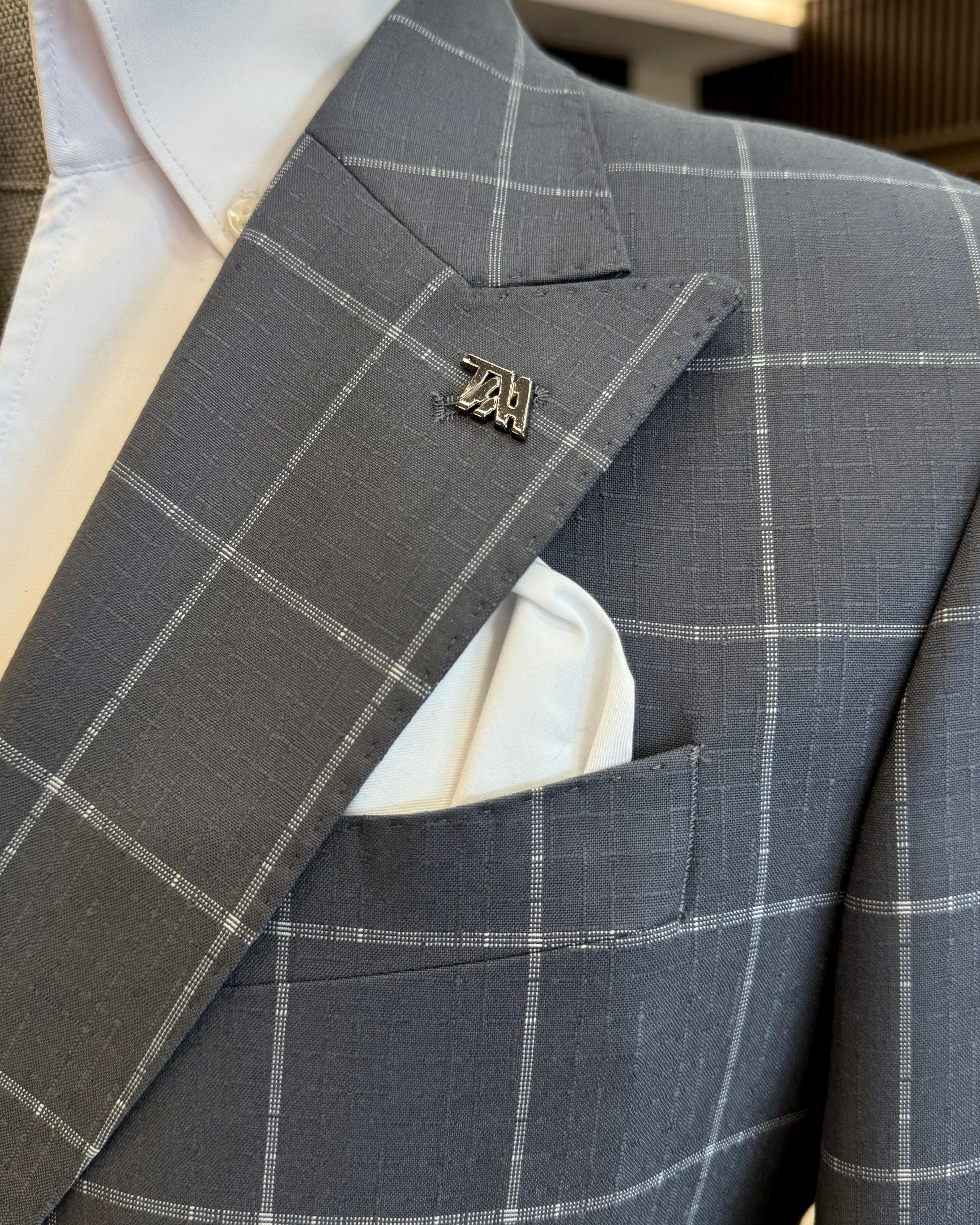 İtalyan stil slim fit ekose kravuze erkek tek ceket gri T12893