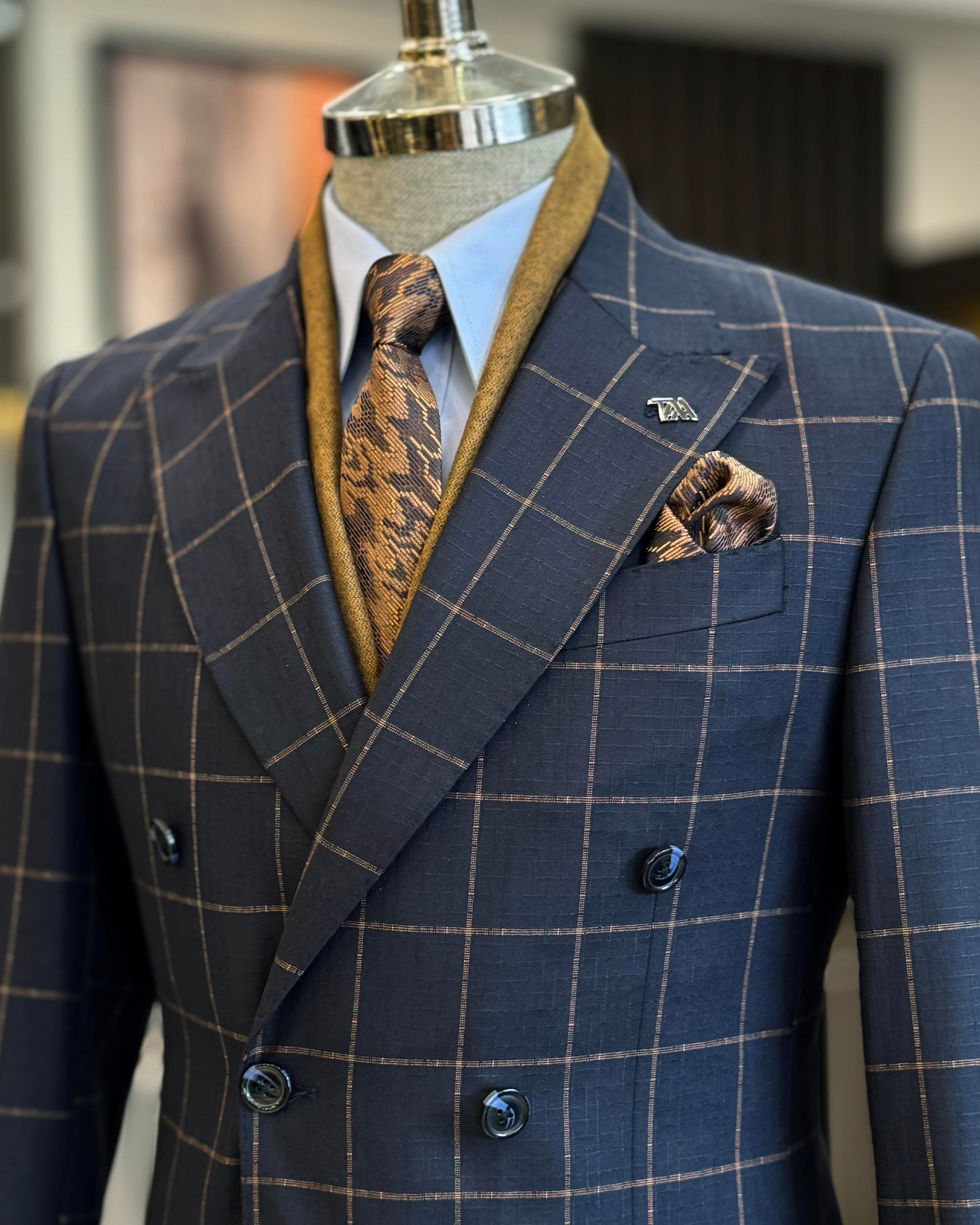 İtalyan stil slim fit ekose kravuze erkek tek ceket laciverti T12894