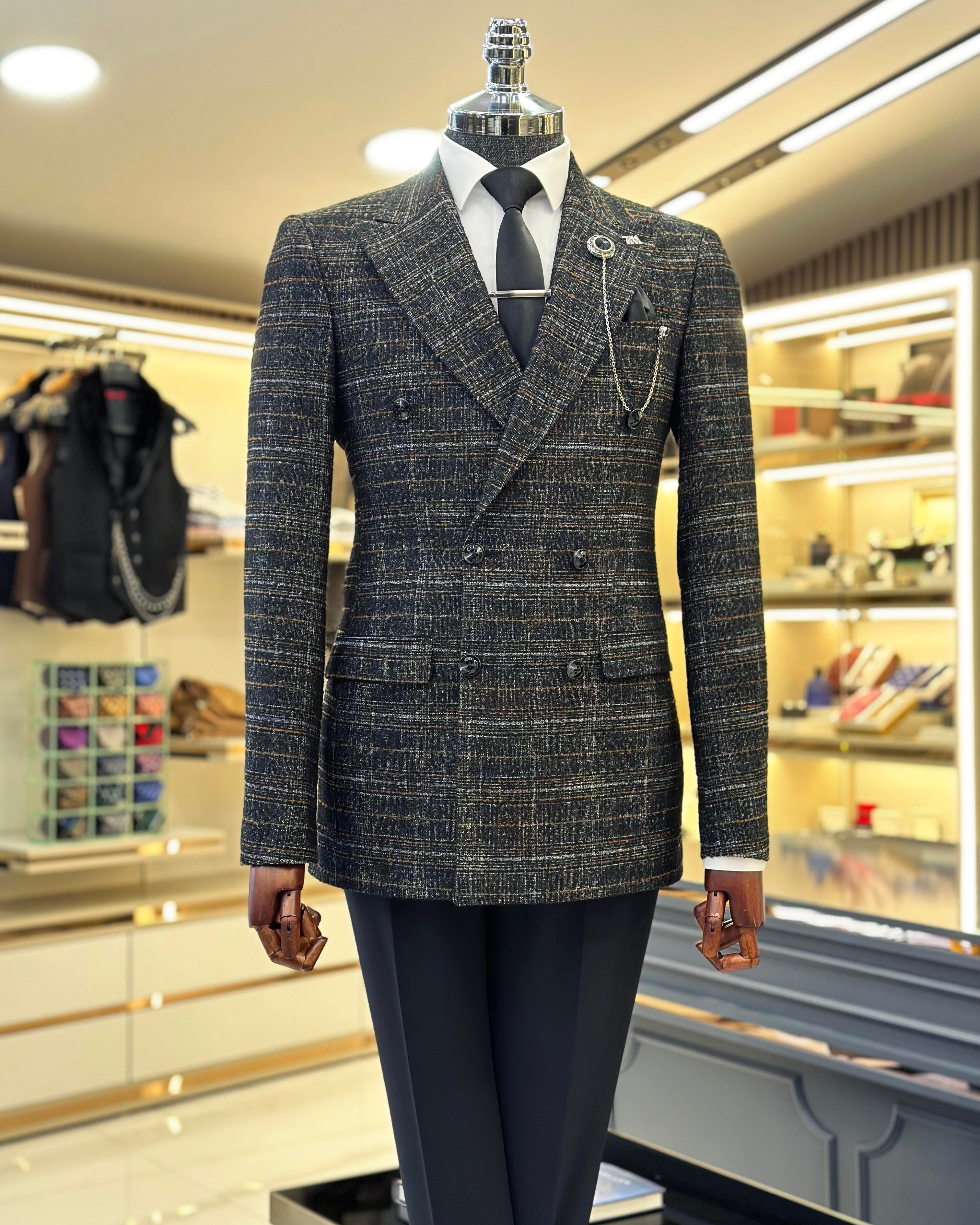 İtalyan stil slim fit ekose kruvaze erkek ceket siyah T10948