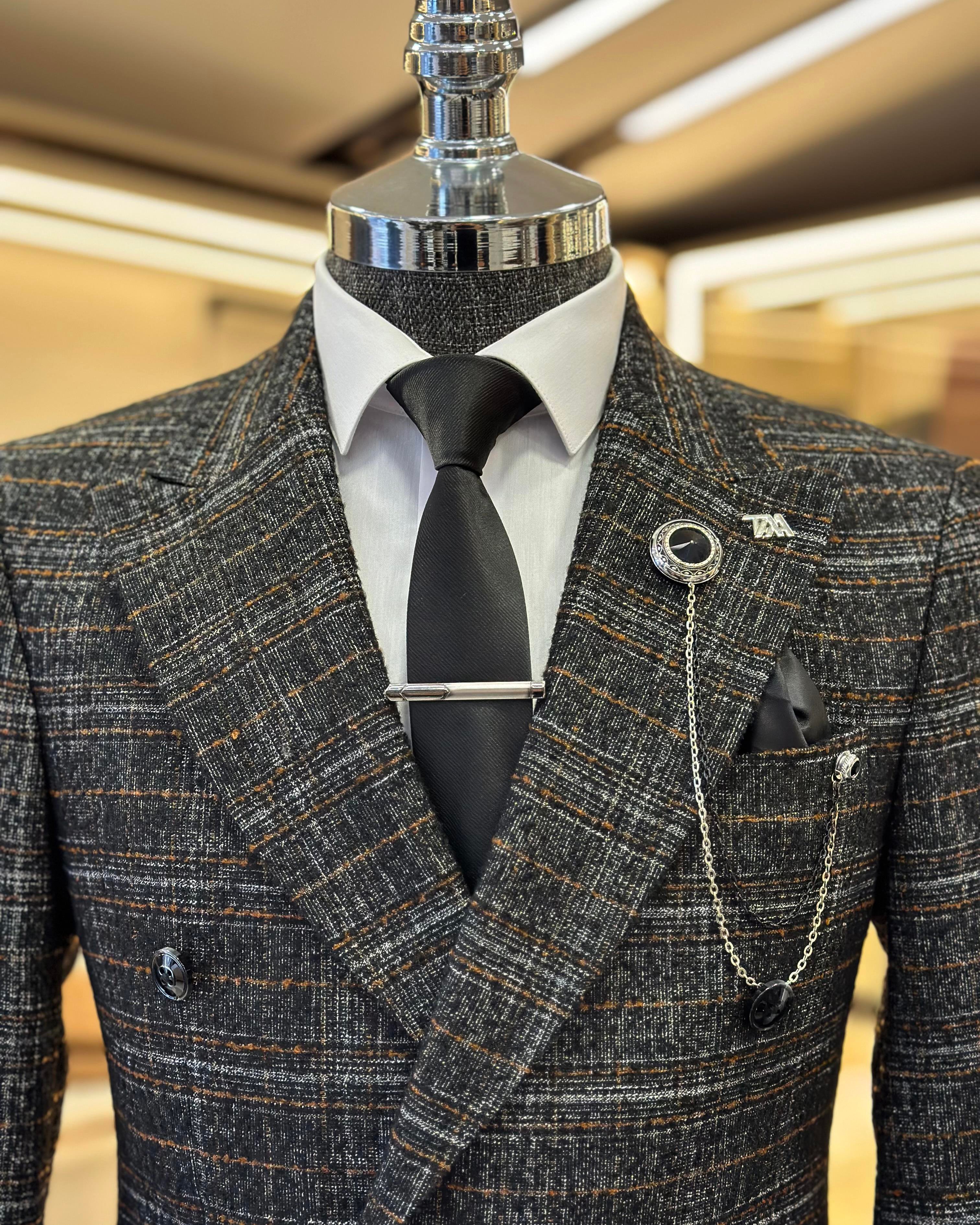 İtalyan stil slim fit ekose kruvaze erkek ceket siyah T10948