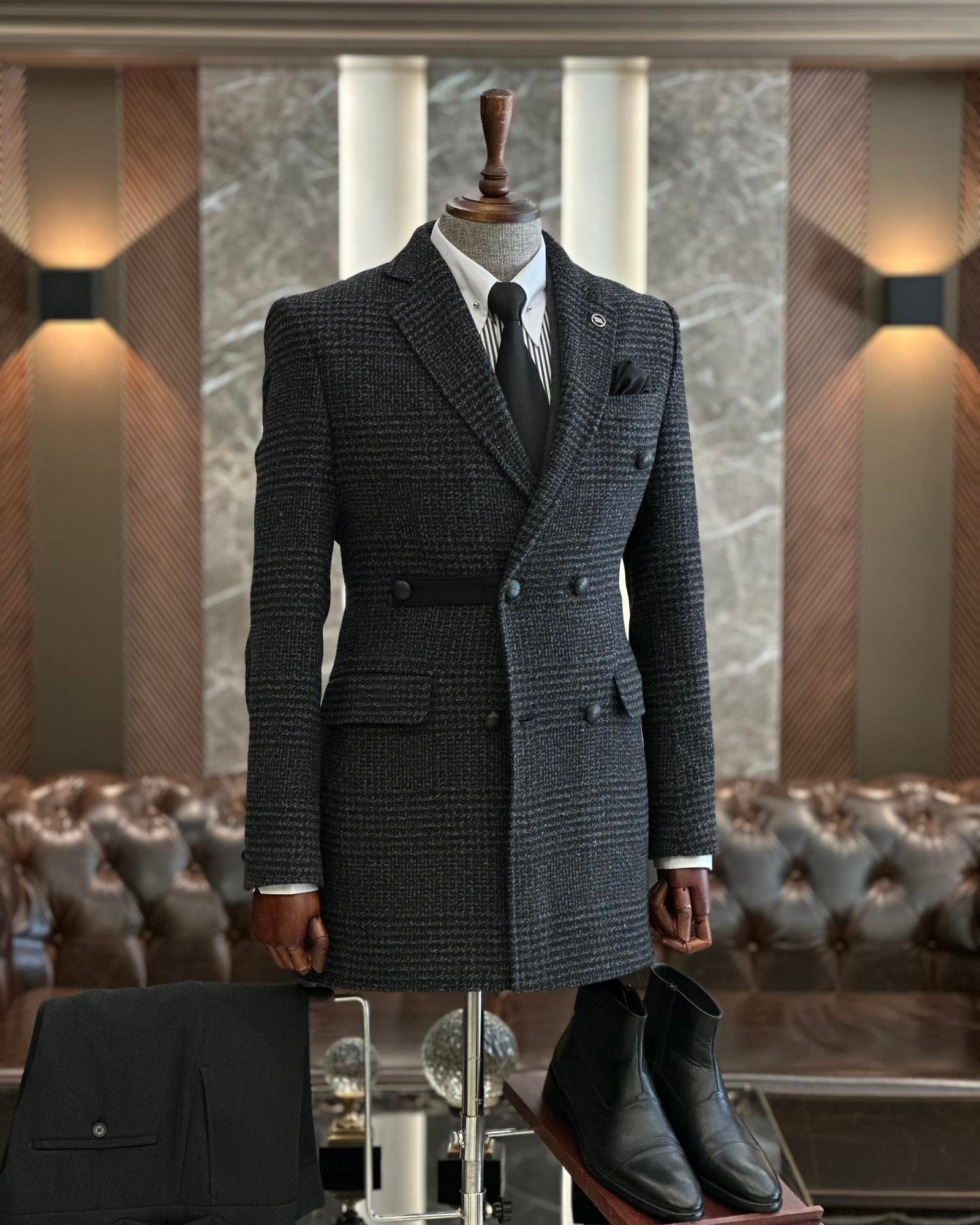 İtalyan stil slim fit ekose mono yaka yün erkek kaban antrasit T10050