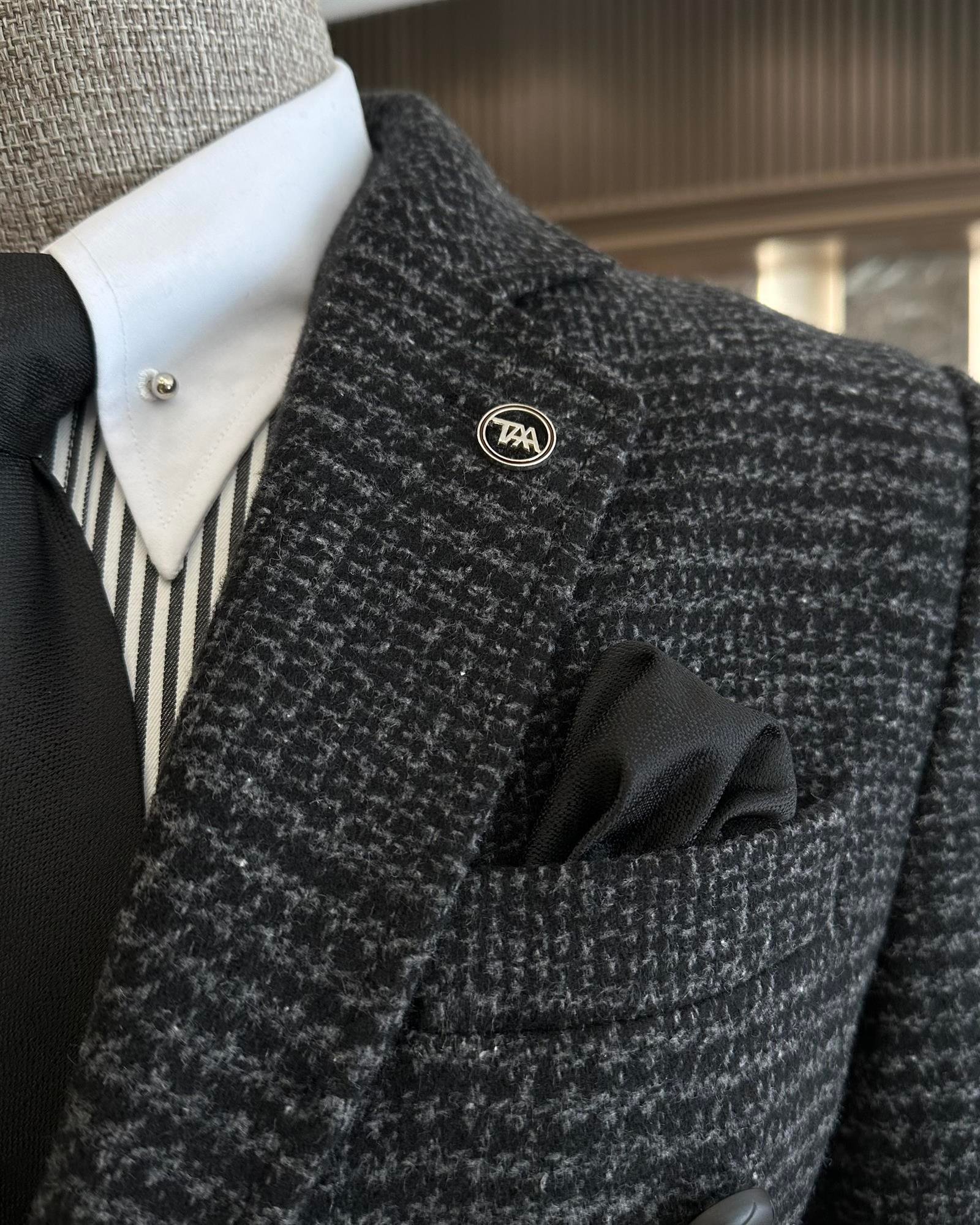 İtalyan stil slim fit ekose mono yaka yün erkek kaban antrasit T10050
