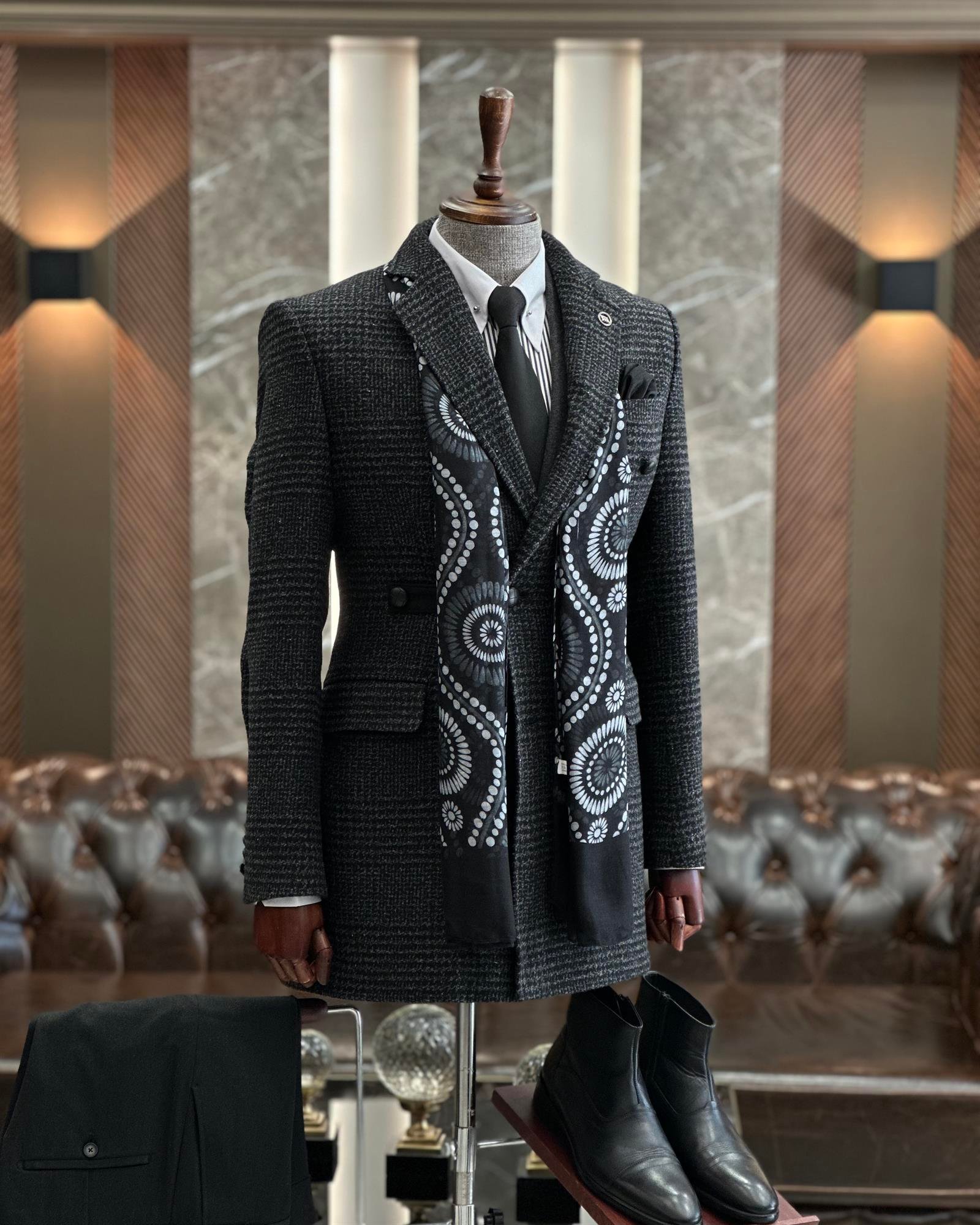 İtalyan stil slim fit ekose mono yaka yün erkek kaban antrasit T10050