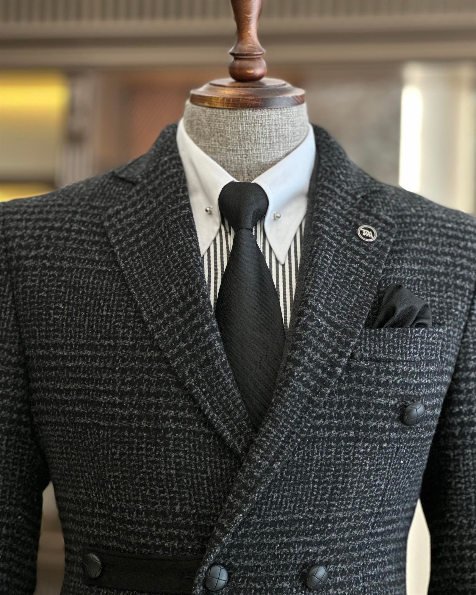 İtalyan stil slim fit ekose mono yaka yün erkek kaban antrasit T10050