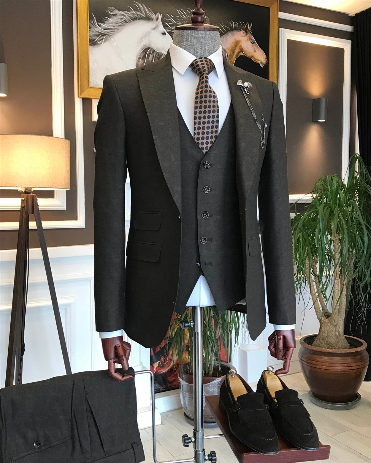 İtalyan stil slim fit ekoseli ceket yelek pantolon takım elbise Kahverengi T6655