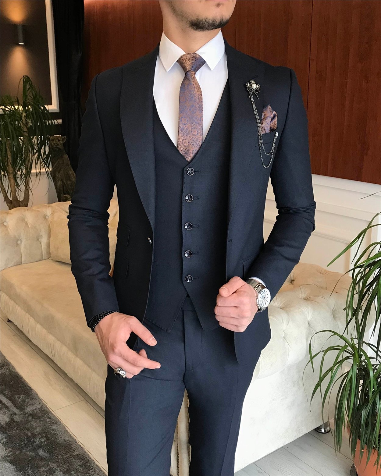 İtalyan stil slim fit ekoseli ceket yelek pantolon takım elbise lacivert T6659