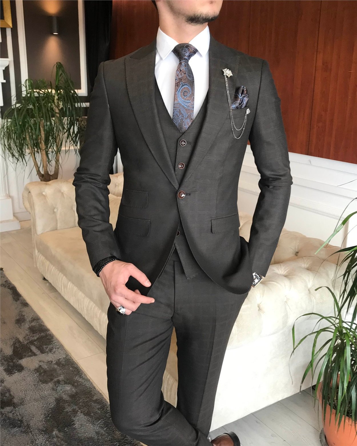 İtalyan stil slim fit ekoseli ceket yelek pantolon takım elbise Kahverengi T6655