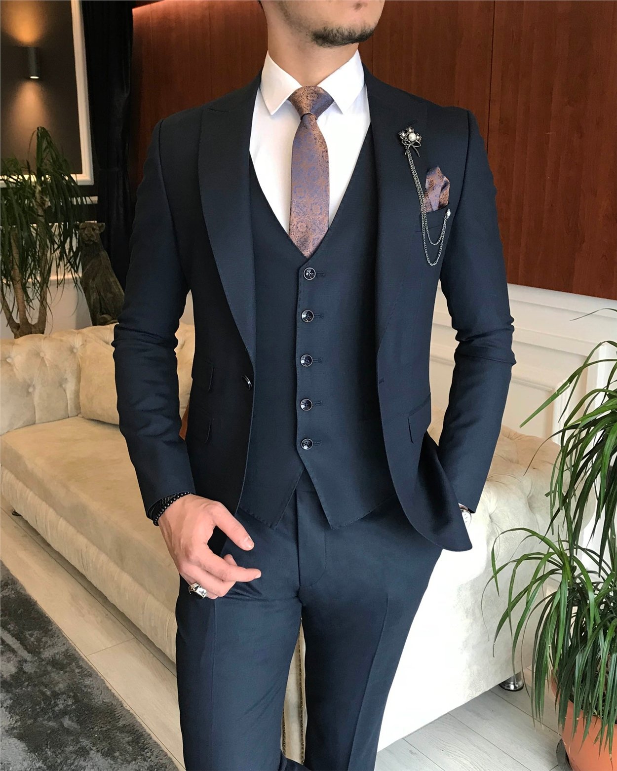 İtalyan stil slim fit ekoseli ceket yelek pantolon takım elbise lacivert T6659