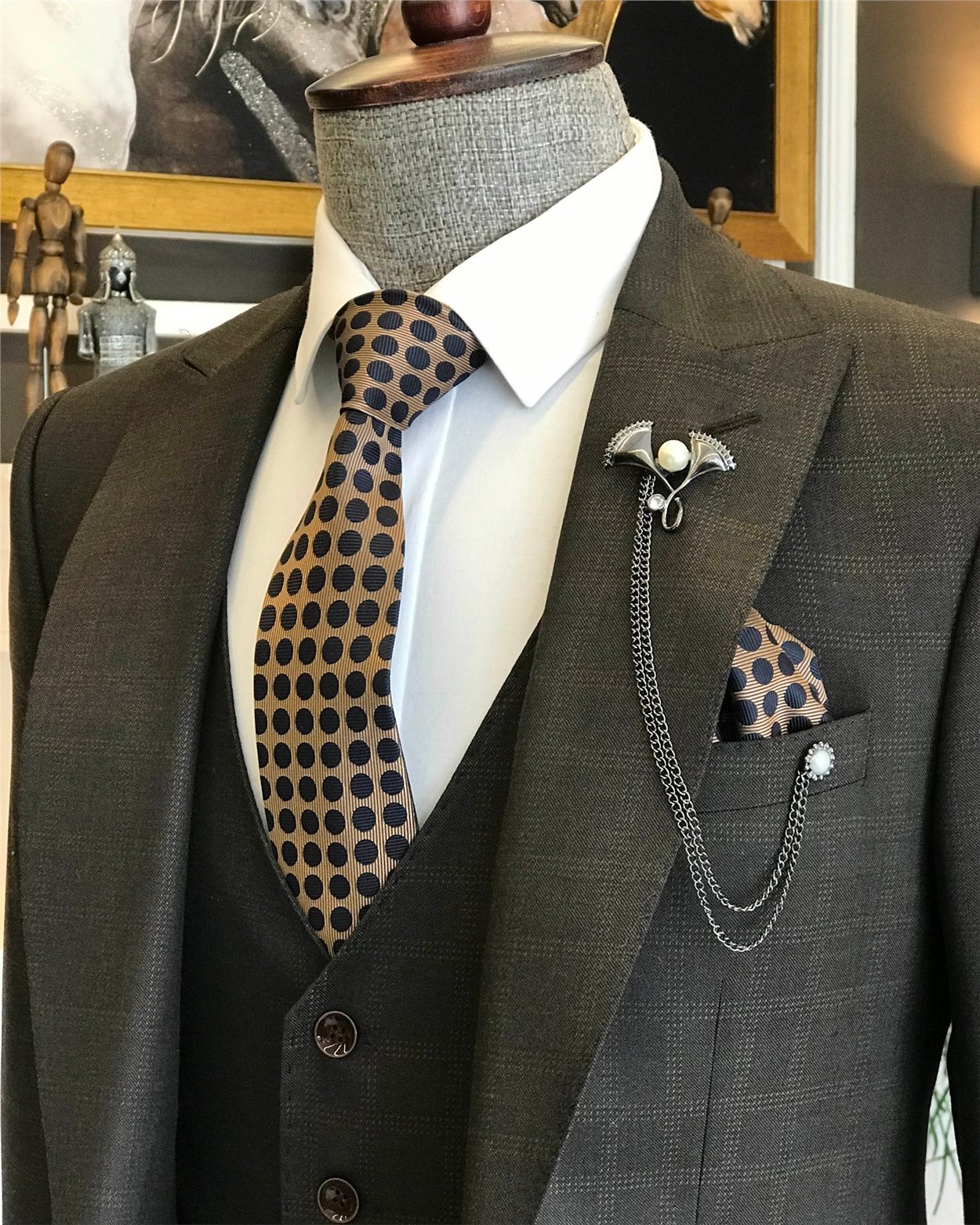 İtalyan stil slim fit ekoseli ceket yelek pantolon takım elbise Kahverengi T6655