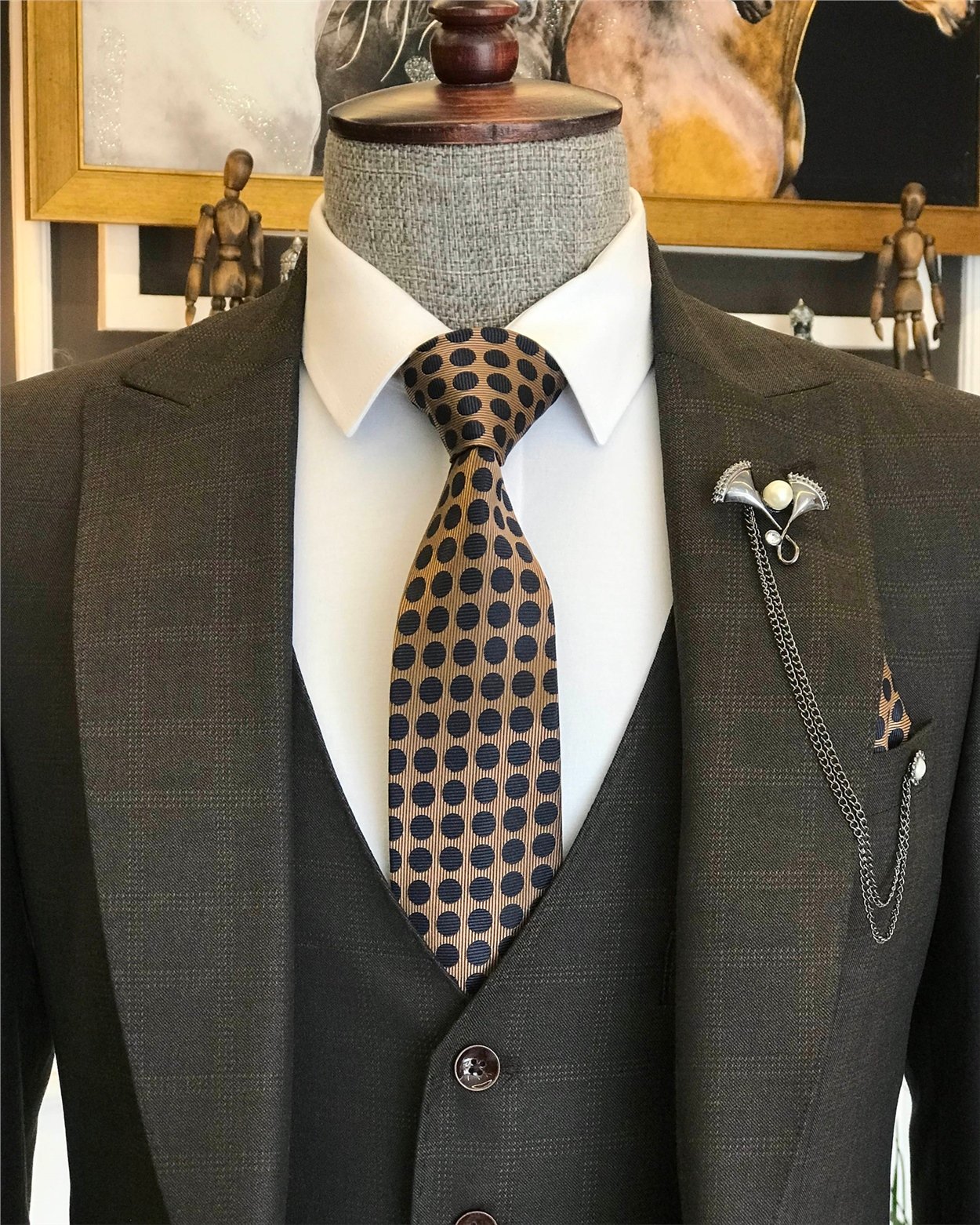 İtalyan stil slim fit ekoseli ceket yelek pantolon takım elbise Kahverengi T6655