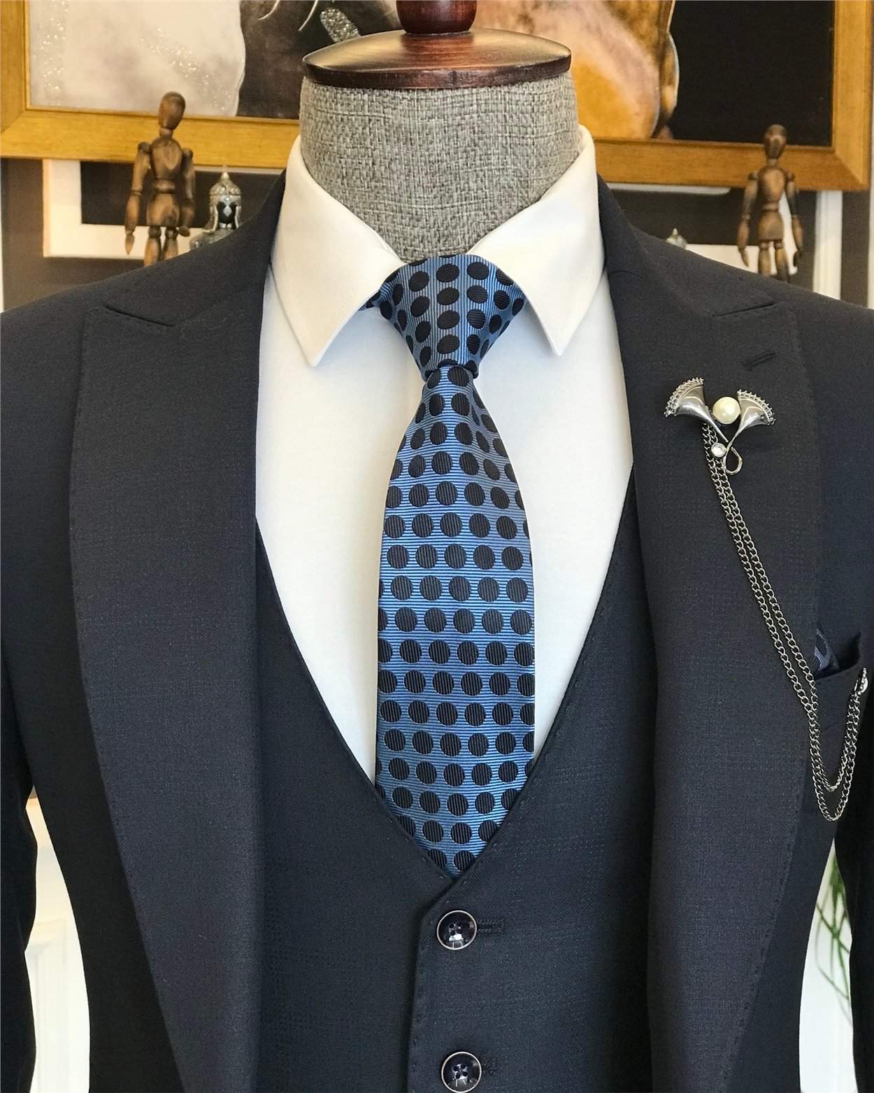 İtalyan stil slim fit ekoseli ceket yelek pantolon takım elbise lacivert T6659