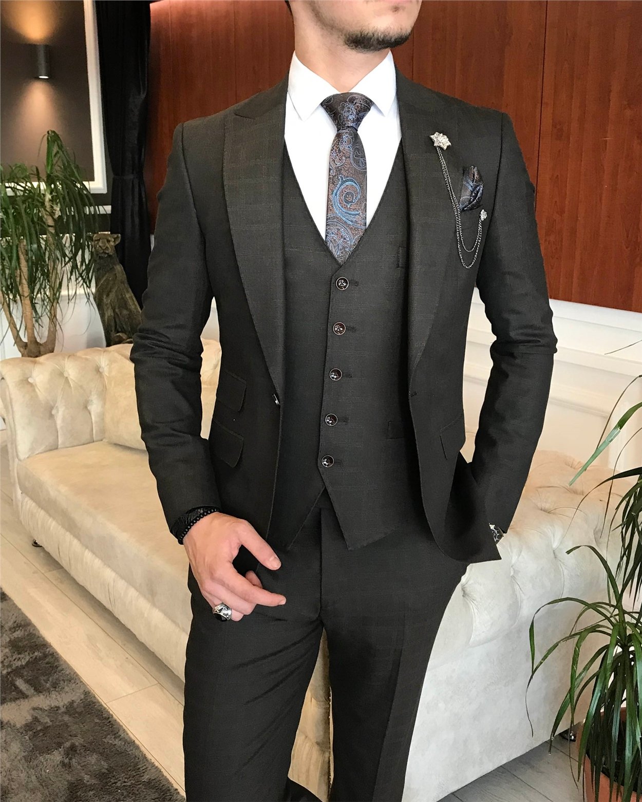 İtalyan stil slim fit ekoseli ceket yelek pantolon takım elbise Kahverengi T6655