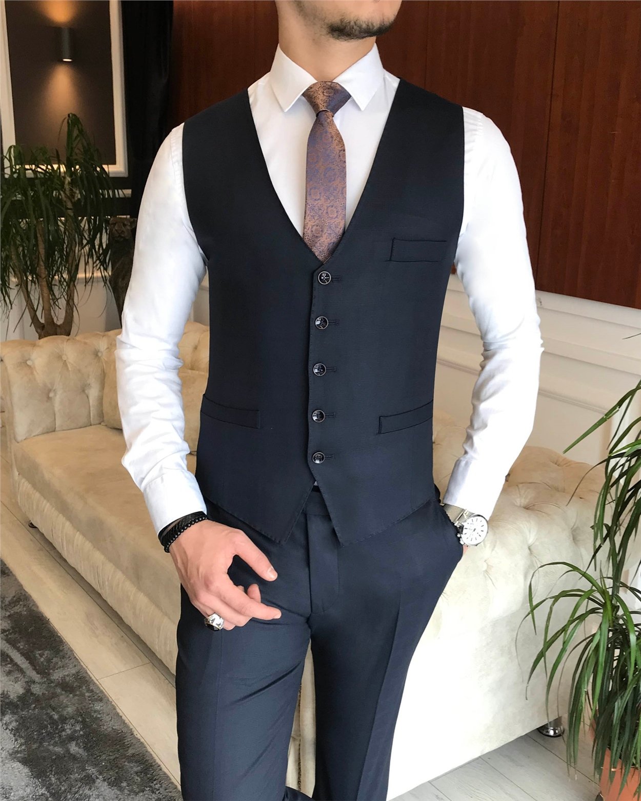 İtalyan stil slim fit ekoseli ceket yelek pantolon takım elbise lacivert T6659