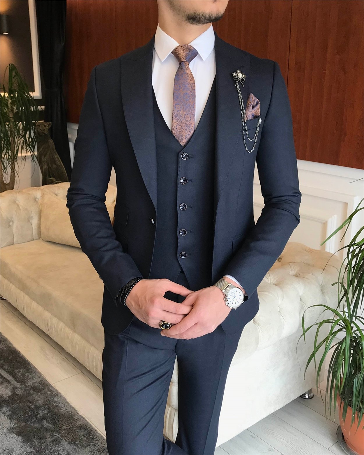İtalyan stil slim fit ekoseli ceket yelek pantolon takım elbise lacivert T6659