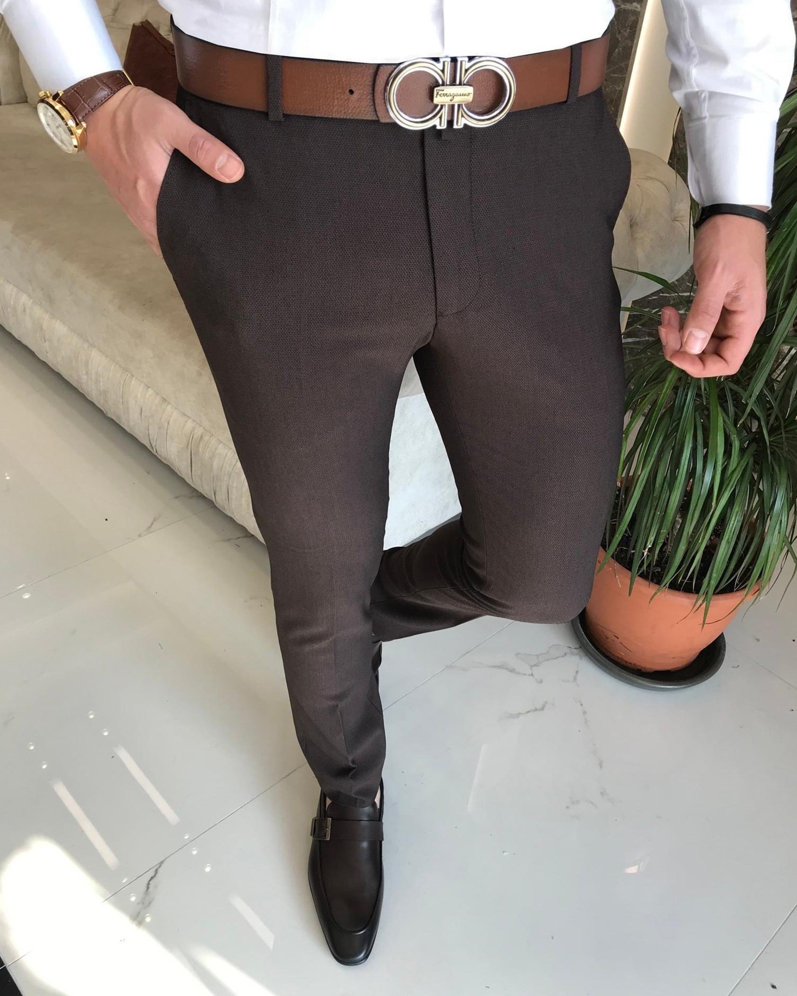 Italian Style Slim Fit Male Beebbole Pattern Fabric Pants Brown T6972