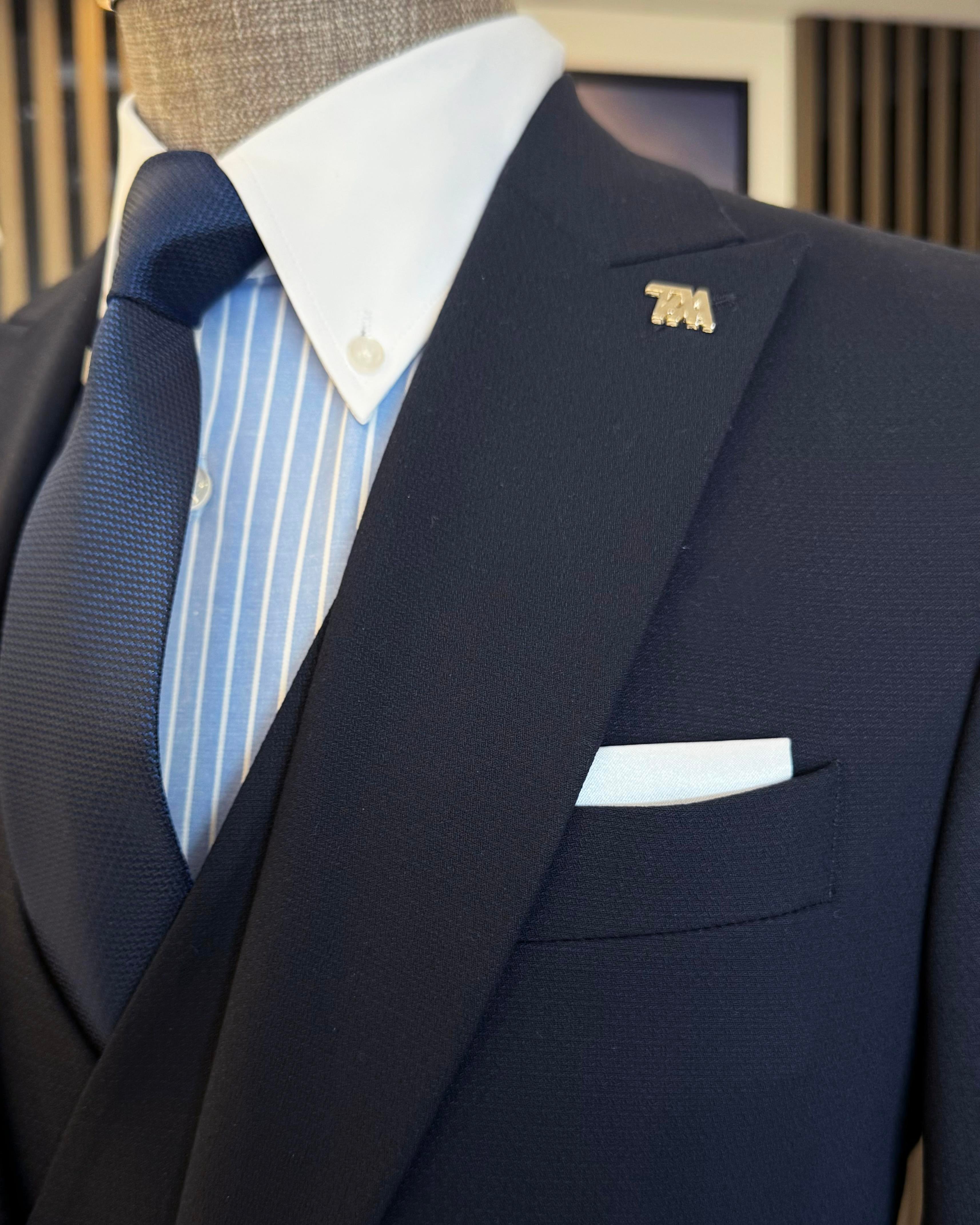 İtalyan stil slim fit erkek armürlü ceket yelek pantolon takım elbise lacivert T11567
