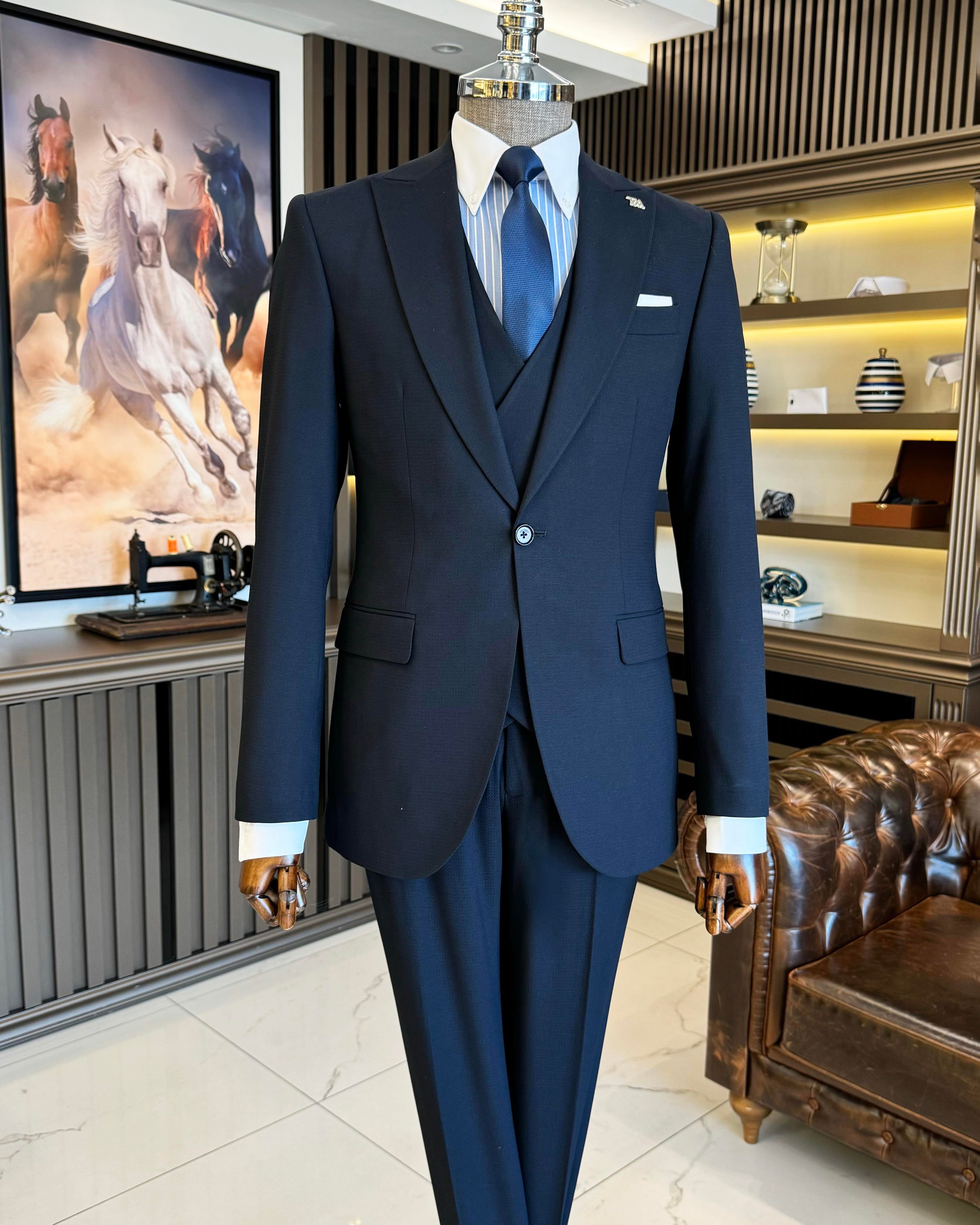 İtalyan stil slim fit erkek armürlü ceket yelek pantolon takım elbise lacivert T11567