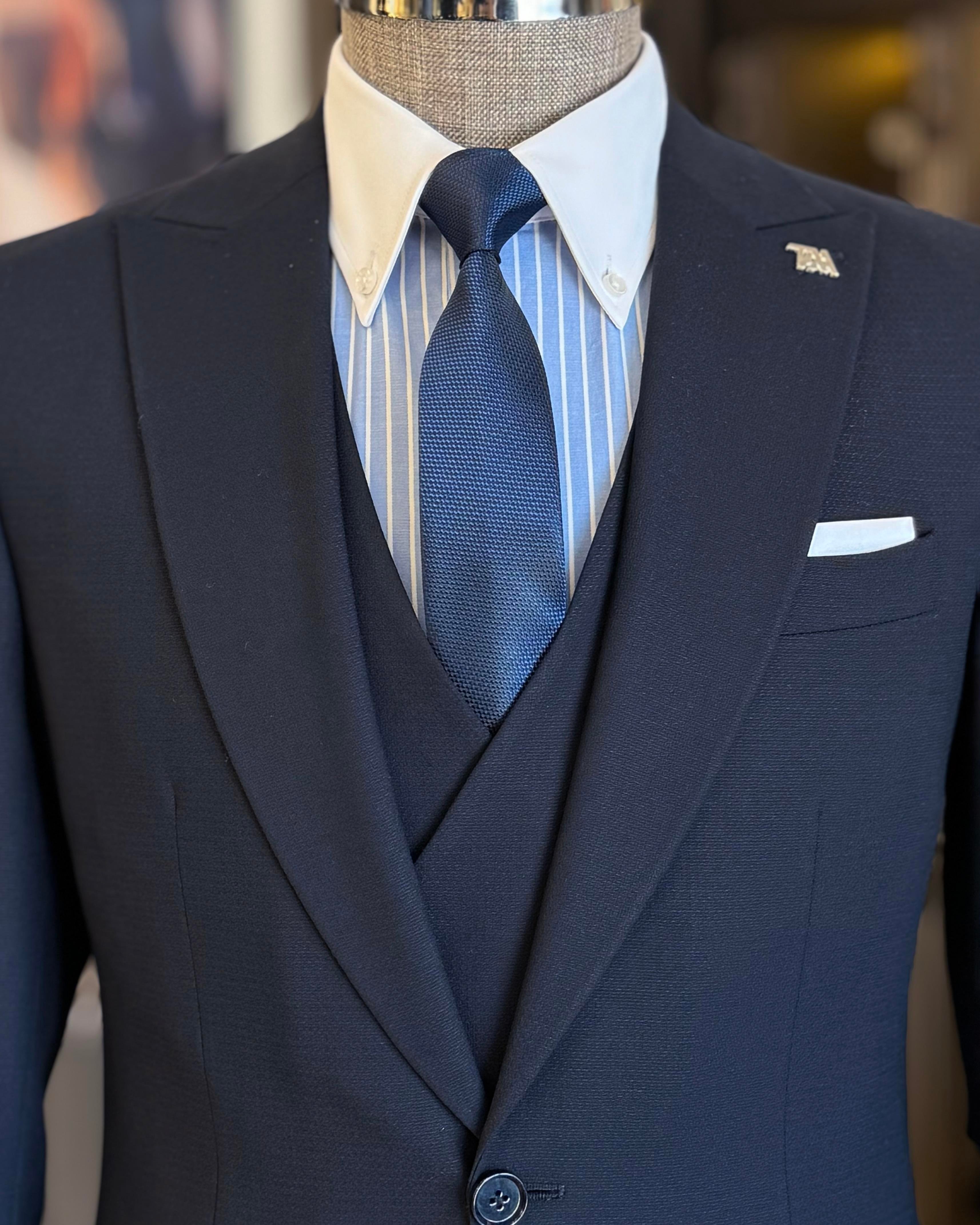 İtalyan stil slim fit erkek armürlü ceket yelek pantolon takım elbise lacivert T11567