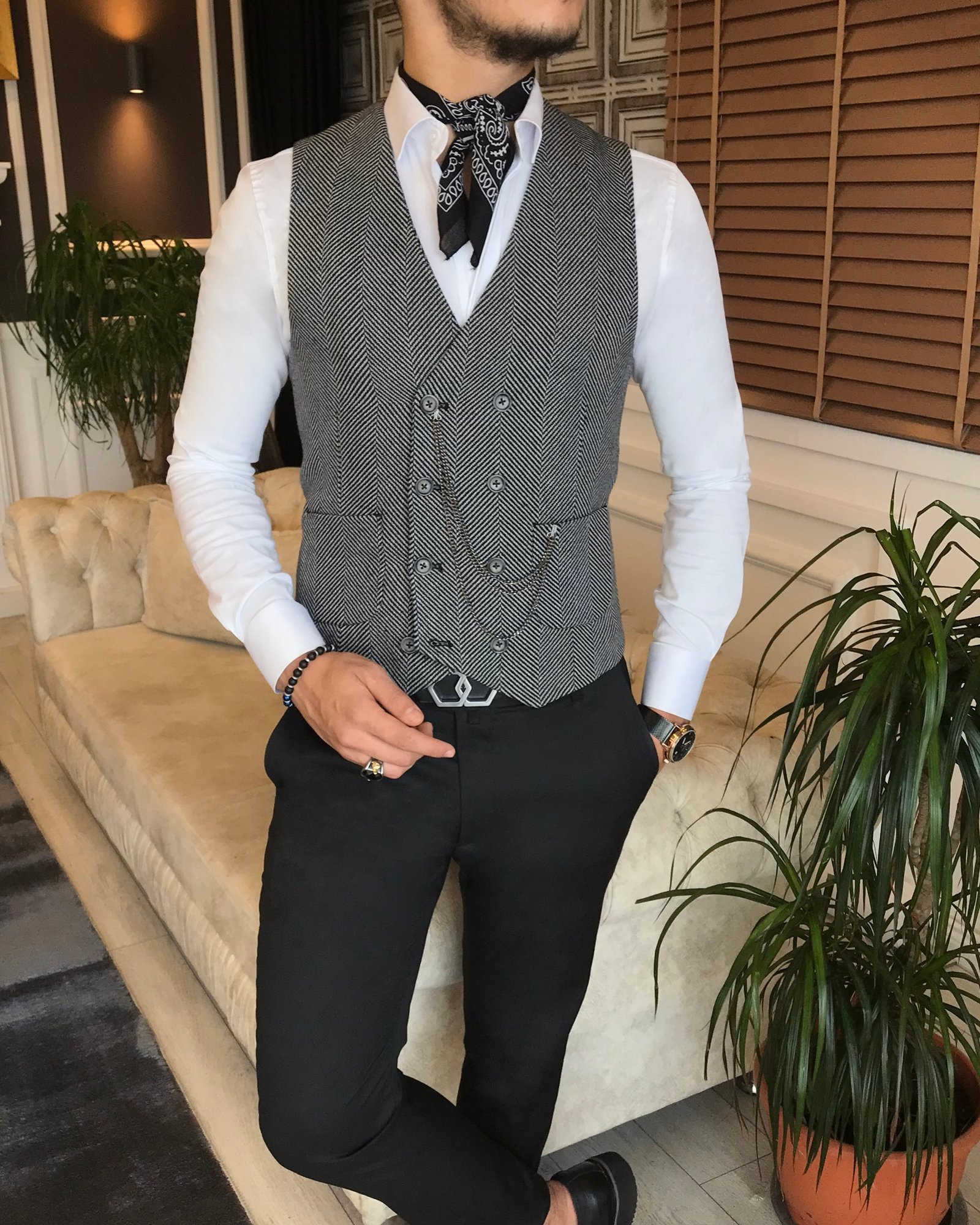 İtalyan stil slim fit erkek balık sırtı kruvaze cepken yelek Siyah T4989