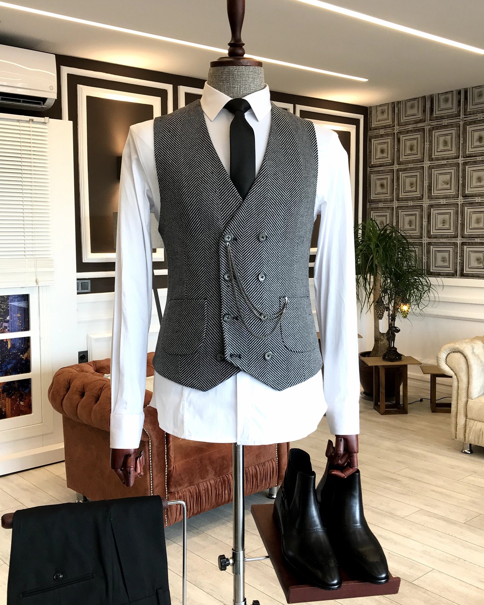 İtalyan stil slim fit erkek balık sırtı kruvaze cepken yelek Siyah T4989