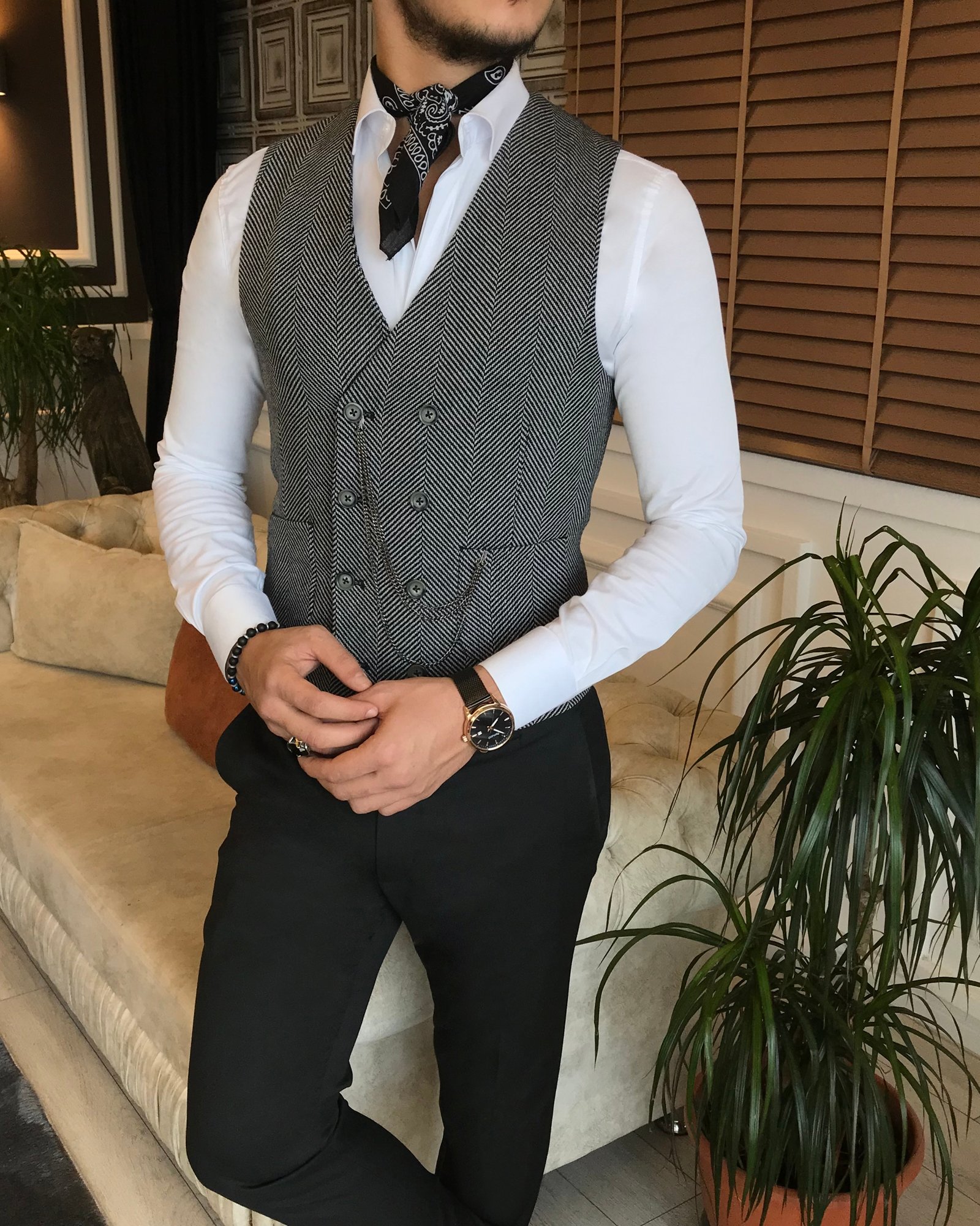İtalyan stil slim fit erkek balık sırtı kruvaze cepken yelek Siyah T4989