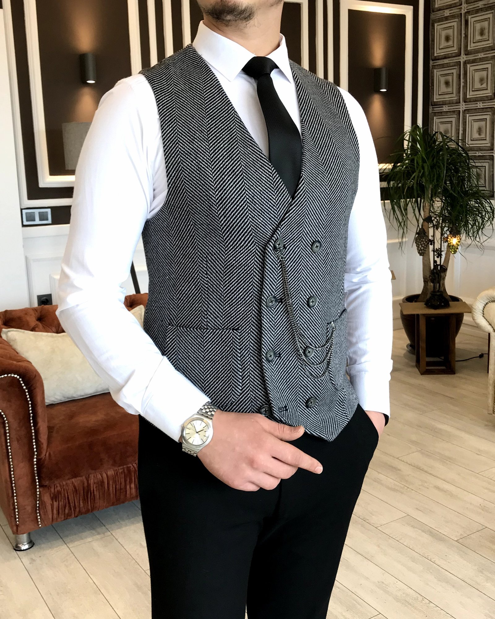 İtalyan stil slim fit erkek balık sırtı kruvaze cepken yelek Siyah T4989