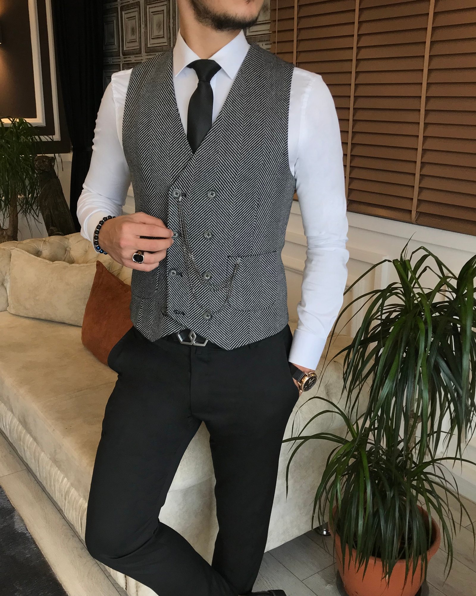 İtalyan stil slim fit erkek balık sırtı kruvaze cepken yelek Siyah T4989