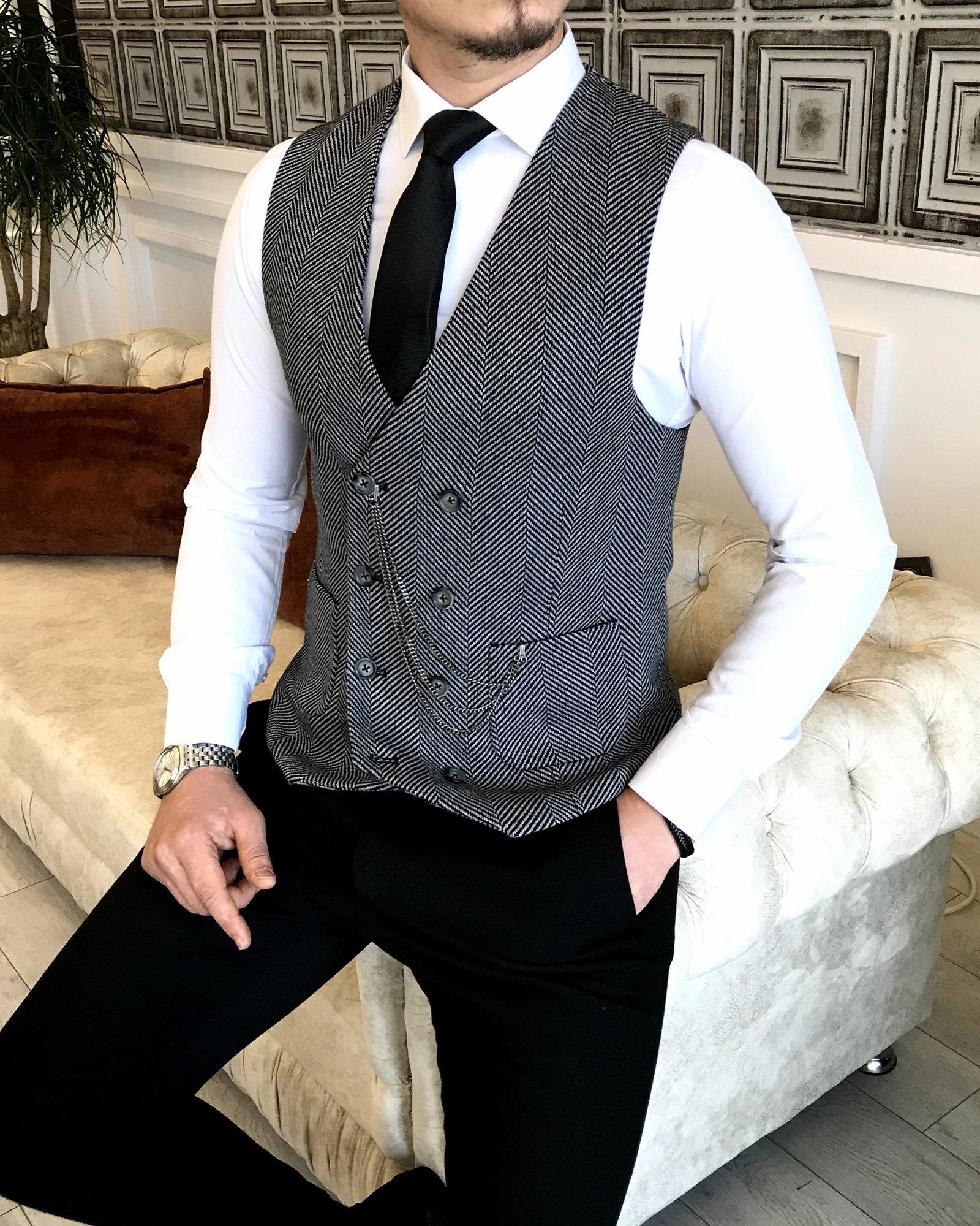 İtalyan stil slim fit erkek balık sırtı kruvaze cepken yelek Siyah T4989