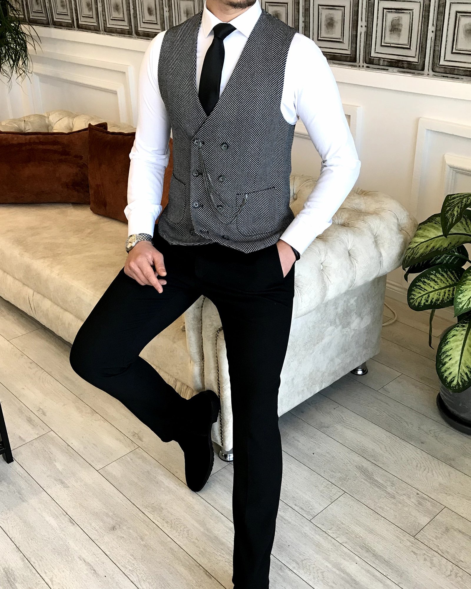 İtalyan stil slim fit erkek balık sırtı kruvaze cepken yelek Siyah T4989