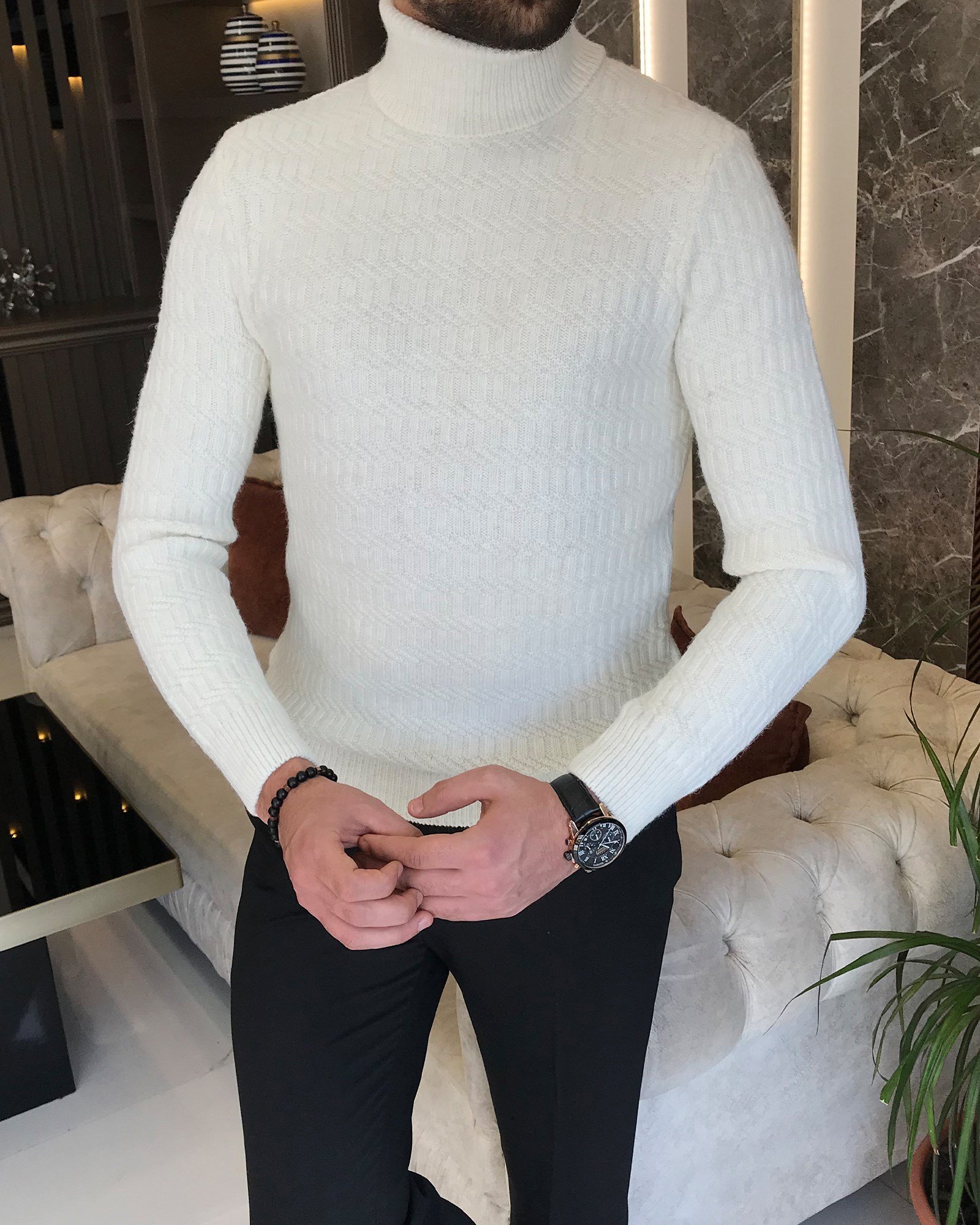 İtalyan stil slim fit erkek balıkçı yaka triko kazak Ekru T8710