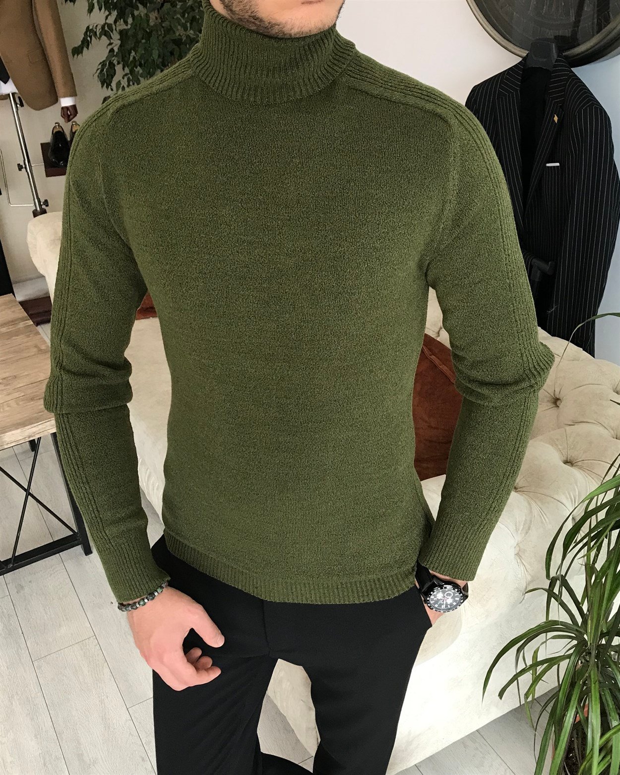 İtalyan stil slim fit erkek fitilli balıkçı yaka triko kazak Yeşil T7965