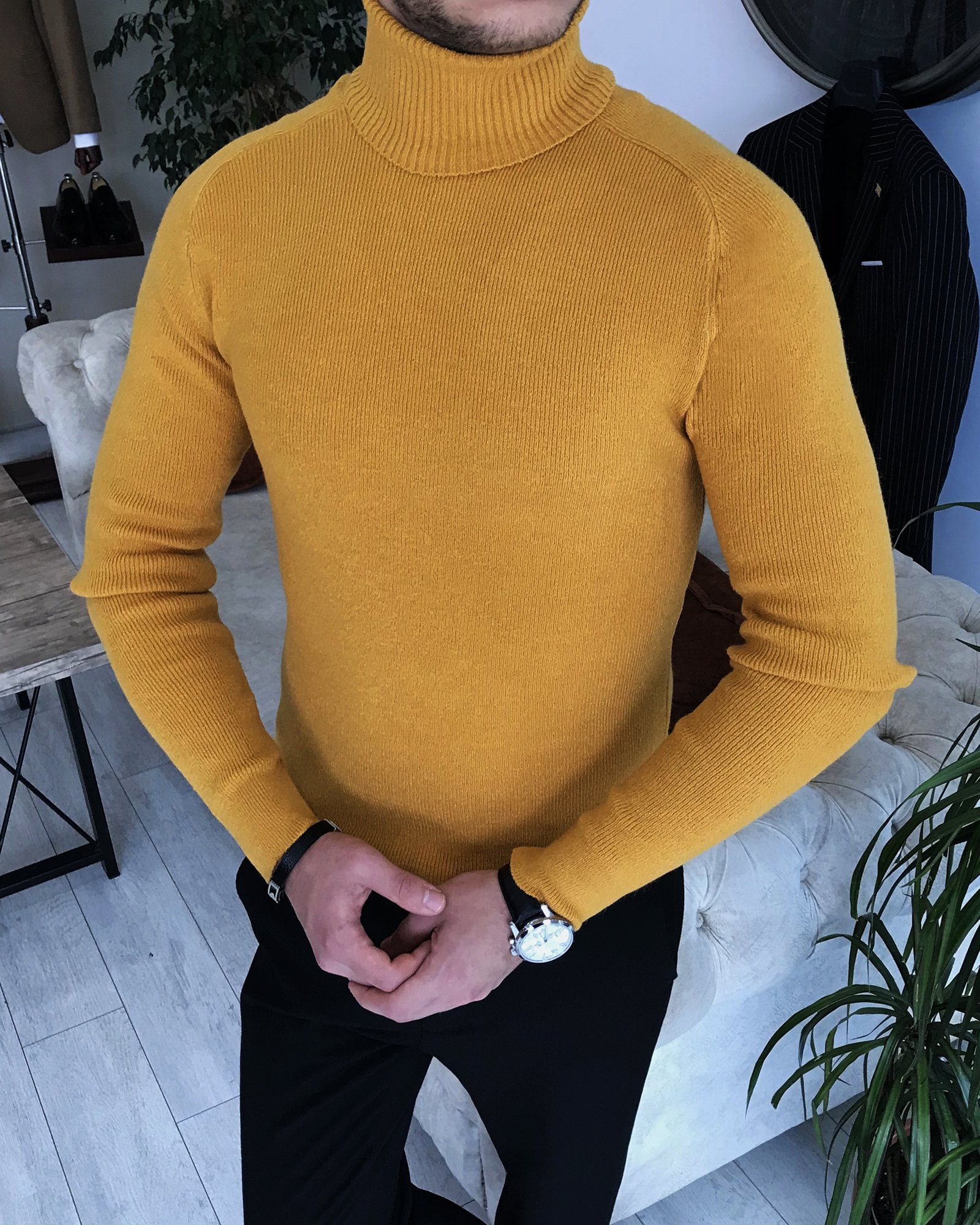 İtalyan stil slim fit erkek balıkçı yaka triko kazak Hardal T7958