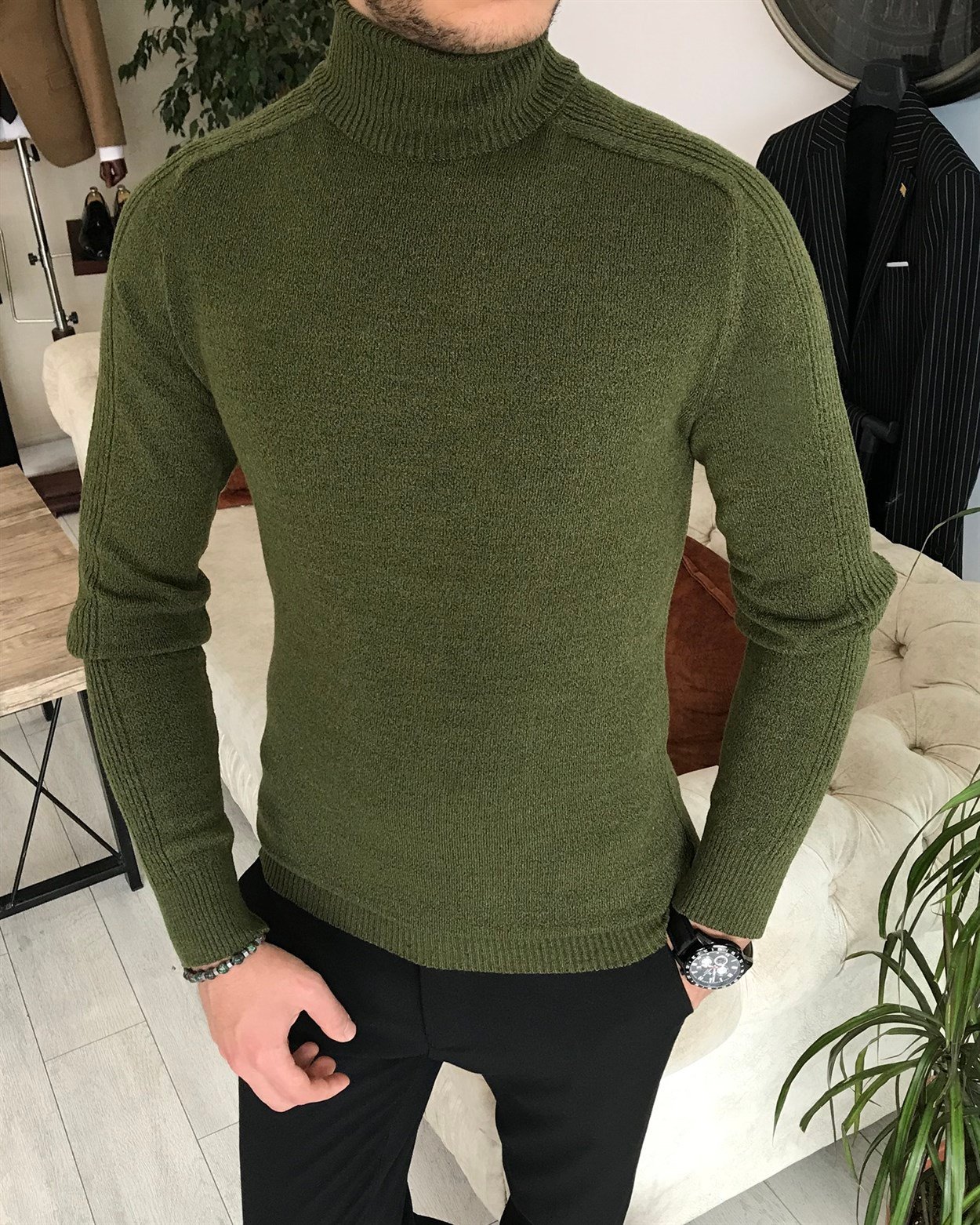 İtalyan stil slim fit erkek fitilli balıkçı yaka triko kazak Yeşil T7965