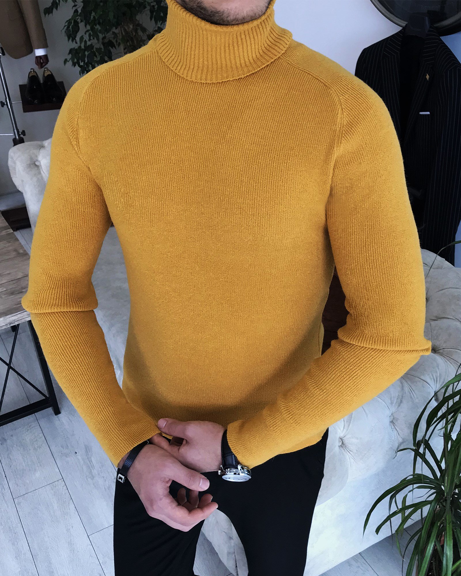İtalyan stil slim fit erkek balıkçı yaka triko kazak Hardal T7958