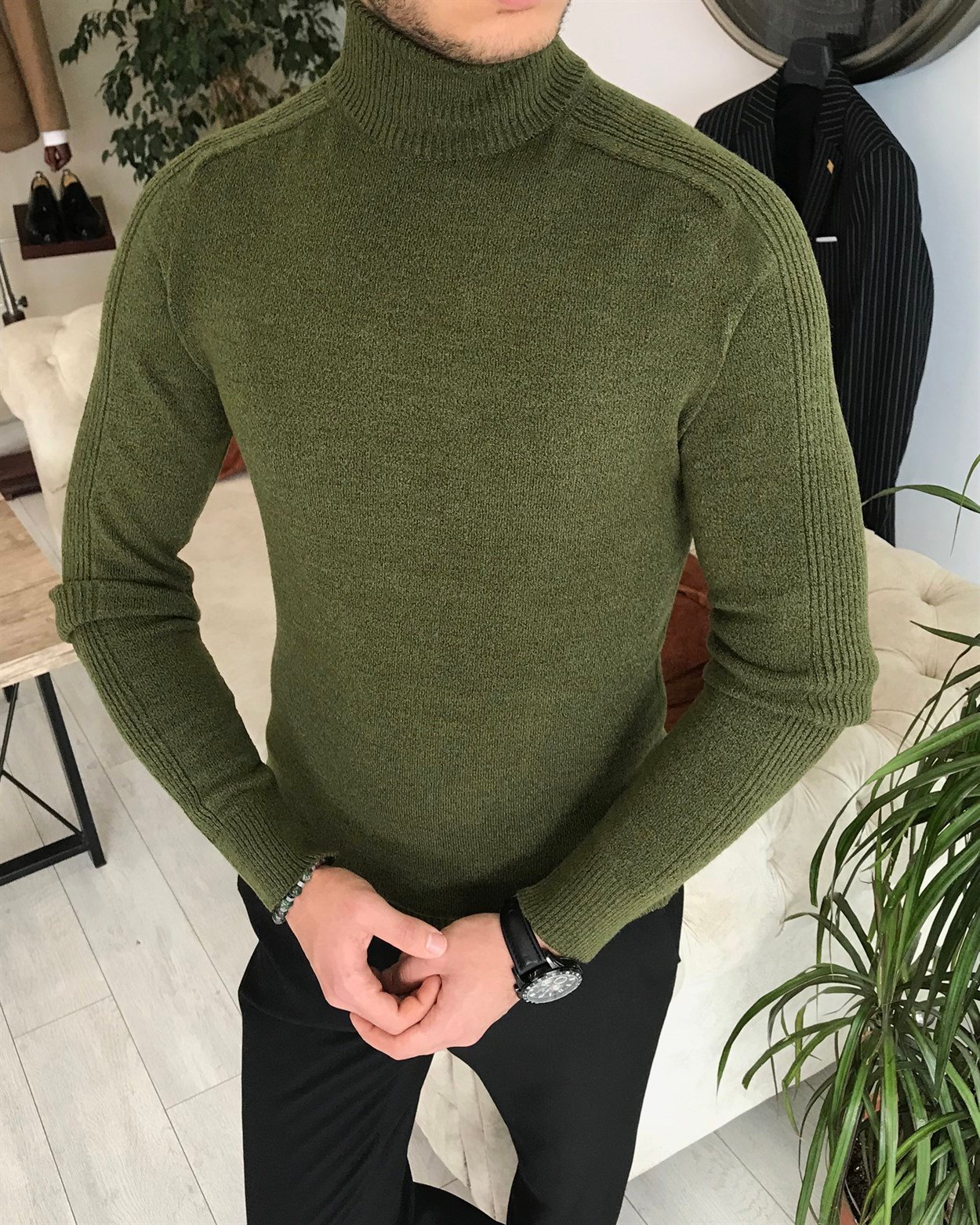 İtalyan stil slim fit erkek fitilli balıkçı yaka triko kazak Yeşil T7965