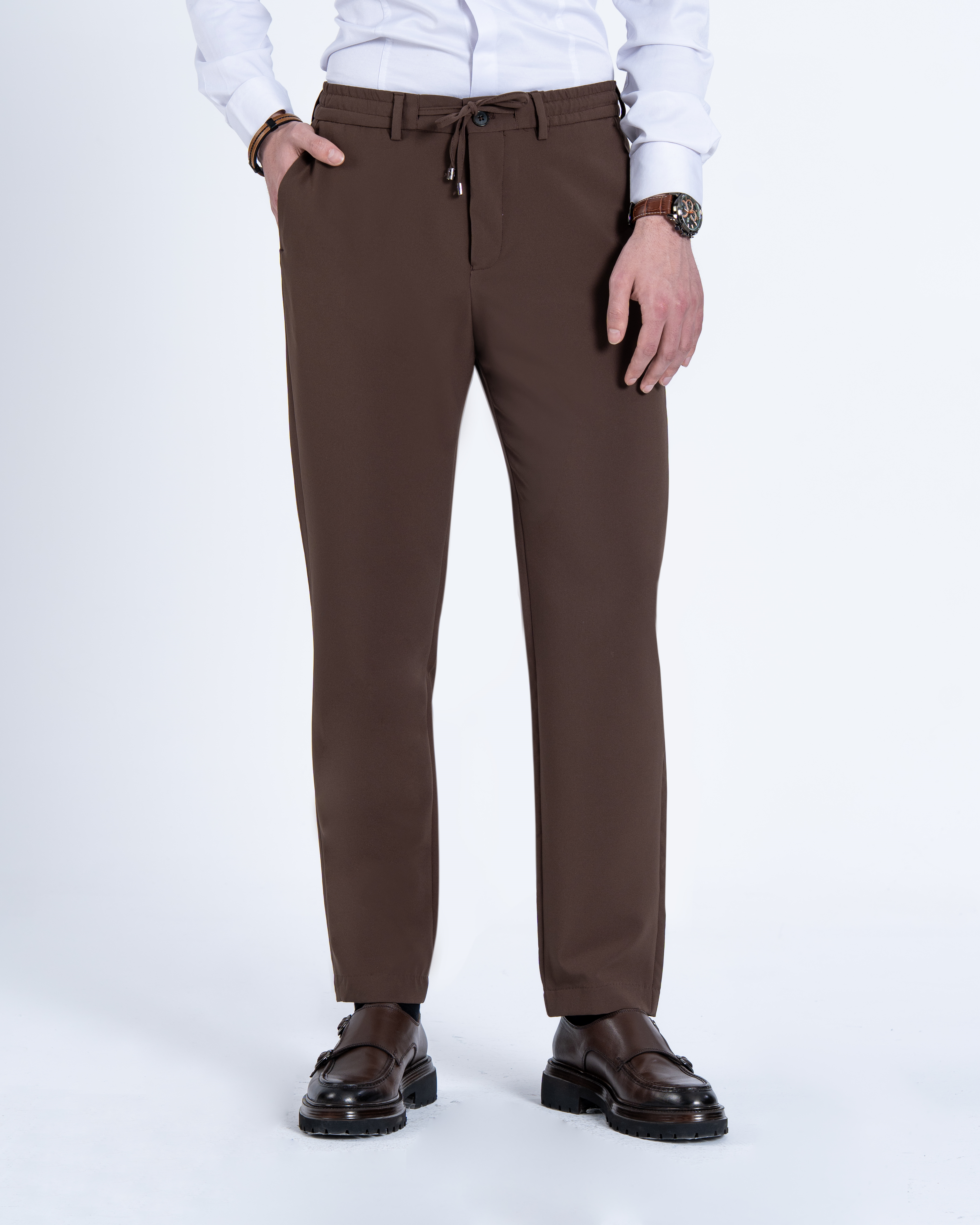 İtalyan stil slim fit erkek beli bağcıklı pantalon kahverengi T14556