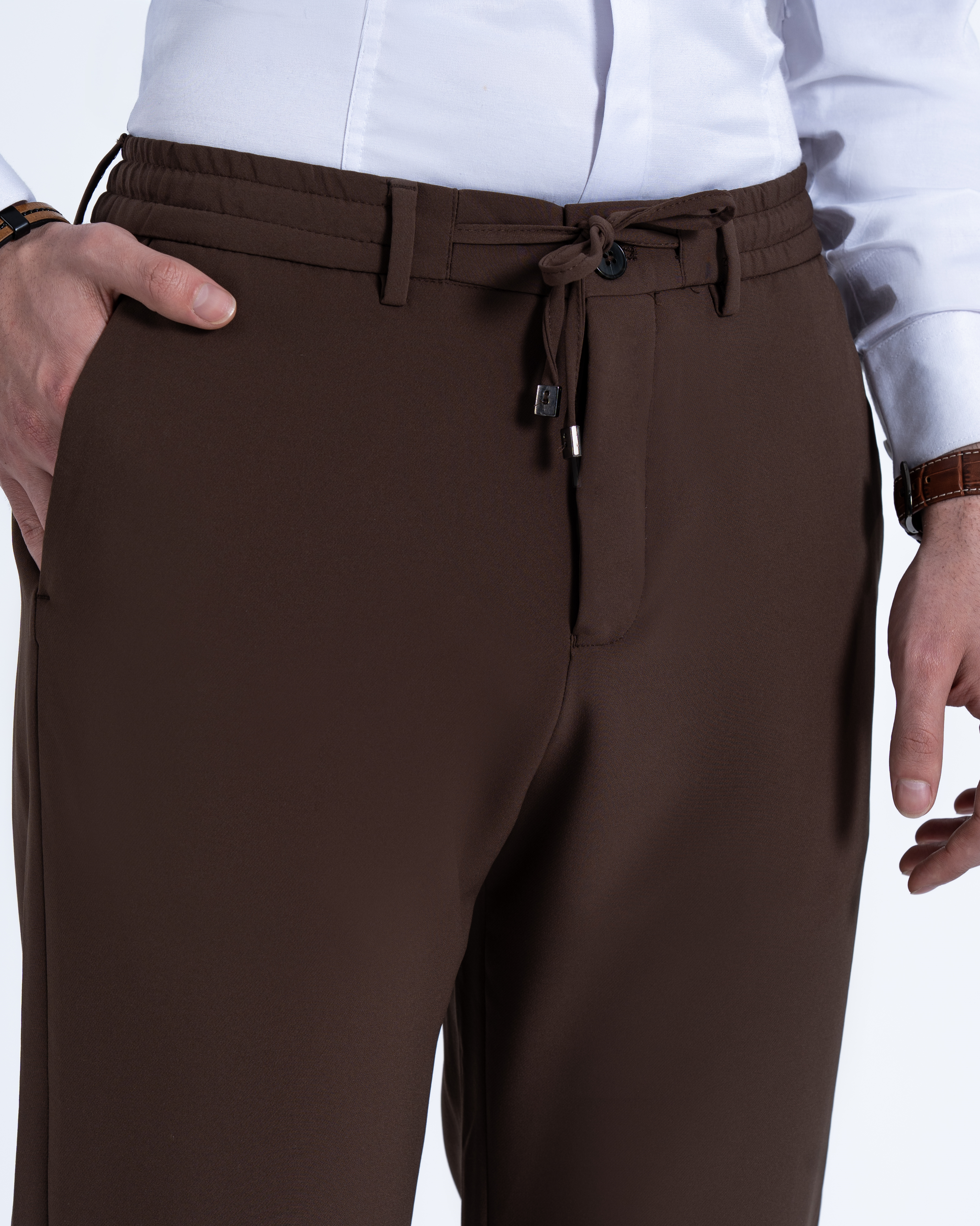 İtalyan stil slim fit erkek beli bağcıklı pantalon kahverengi T14556