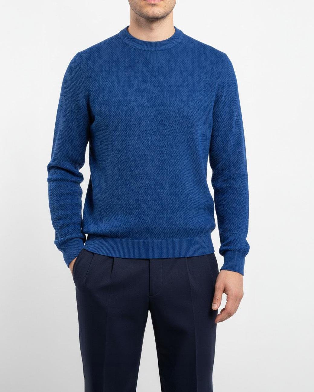 İtalyan stil slim fit erkek bisiklet yaka triko kazak saks T13137