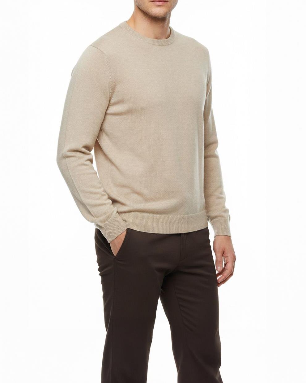 İtalyan stil slim fit erkek bisiklet yaka triko kazak bej T13127